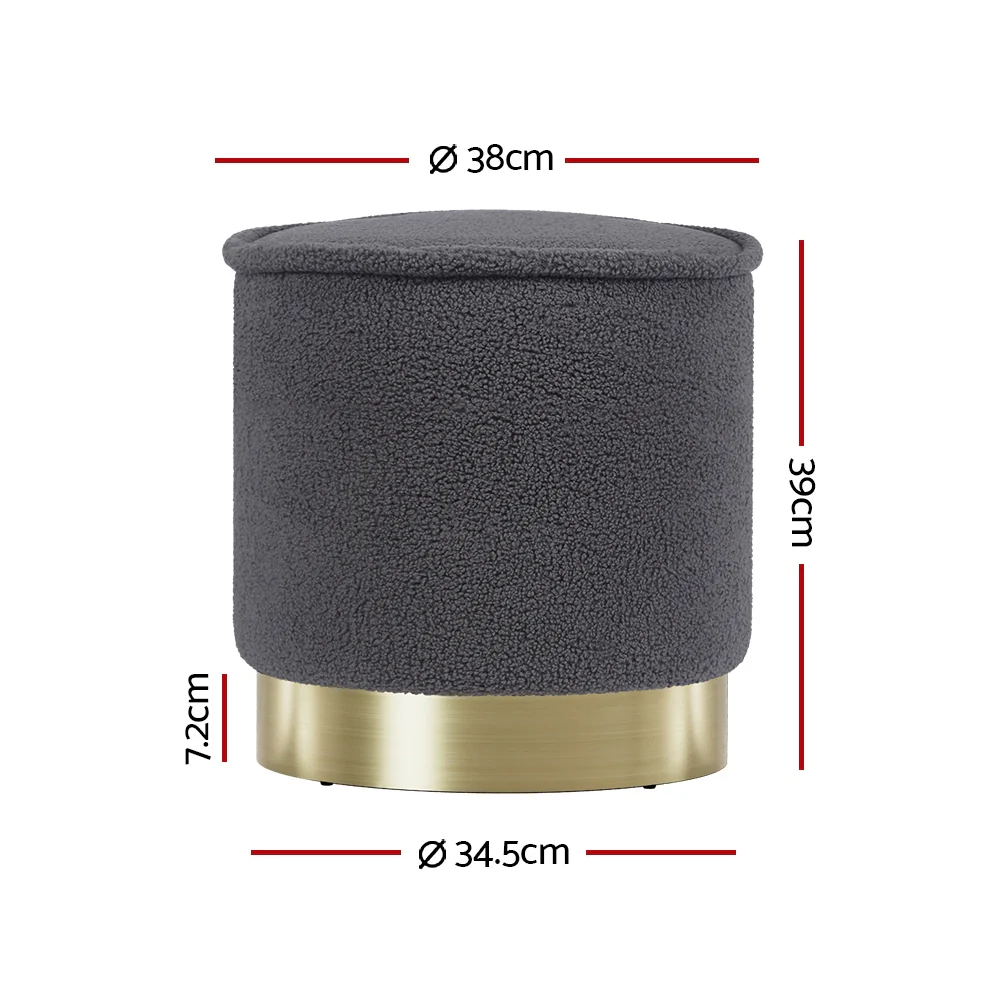 Artiss Ottoman Foot Stool Round Teddy Fabric Charcoal - Image 2