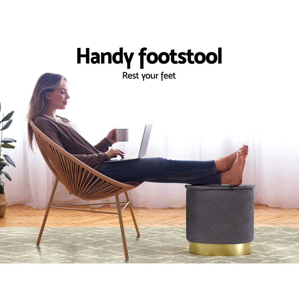 Artiss Ottoman Foot Stool Round Teddy Fabric Charcoal - Image 4
