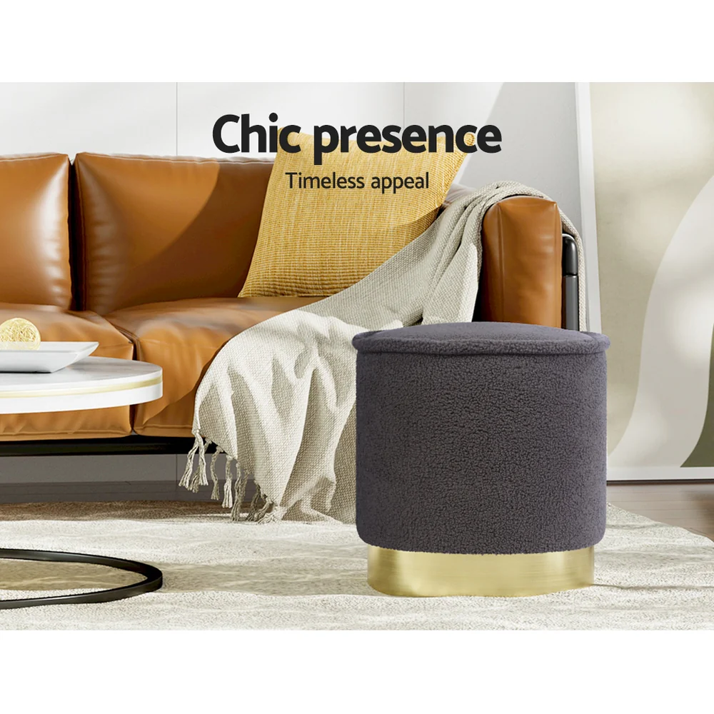 Artiss Ottoman Foot Stool Round Teddy Fabric Charcoal - Image 5