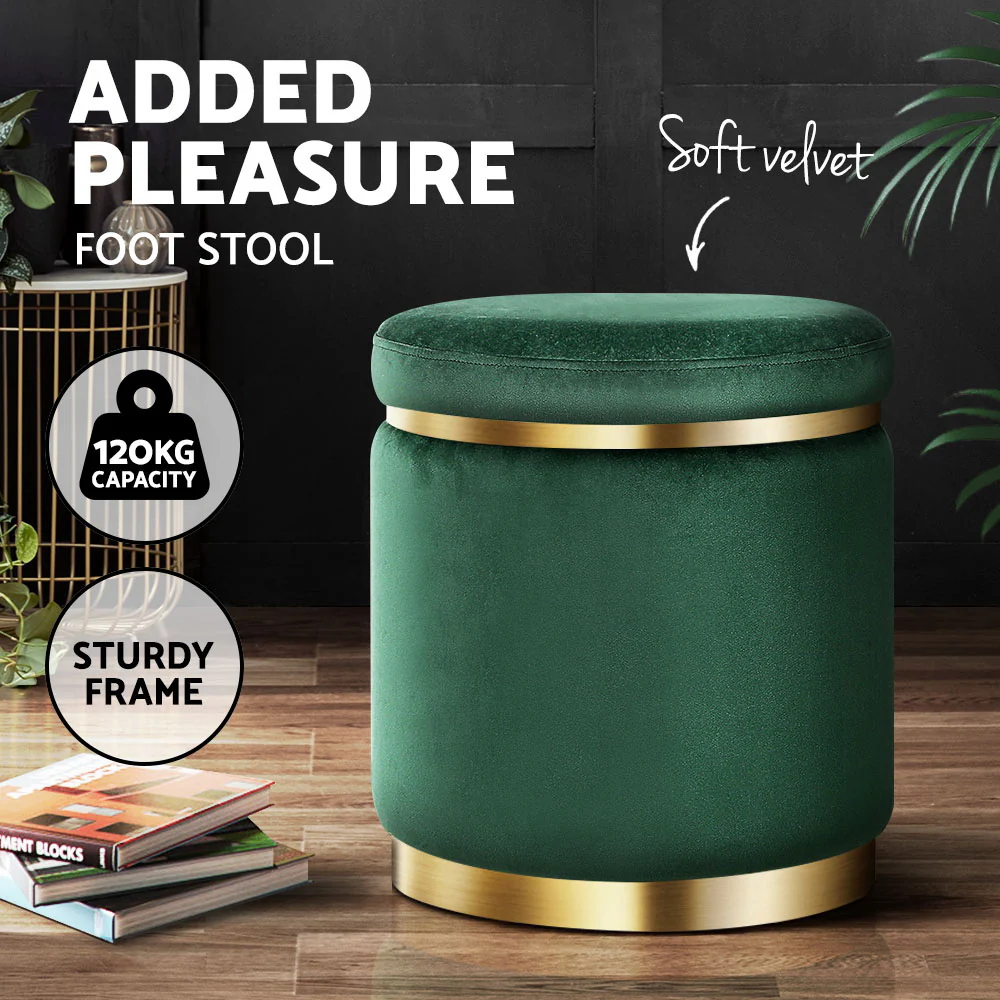 Artiss Ottoman Foot Stool Round Velvet Green - Image 4