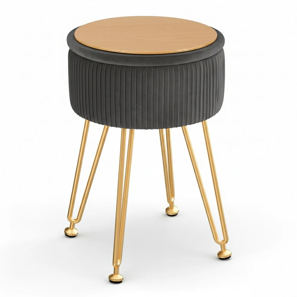 Artiss Ottoman Storage Foot Stool Vanity Velvet Round Grey - Image 3