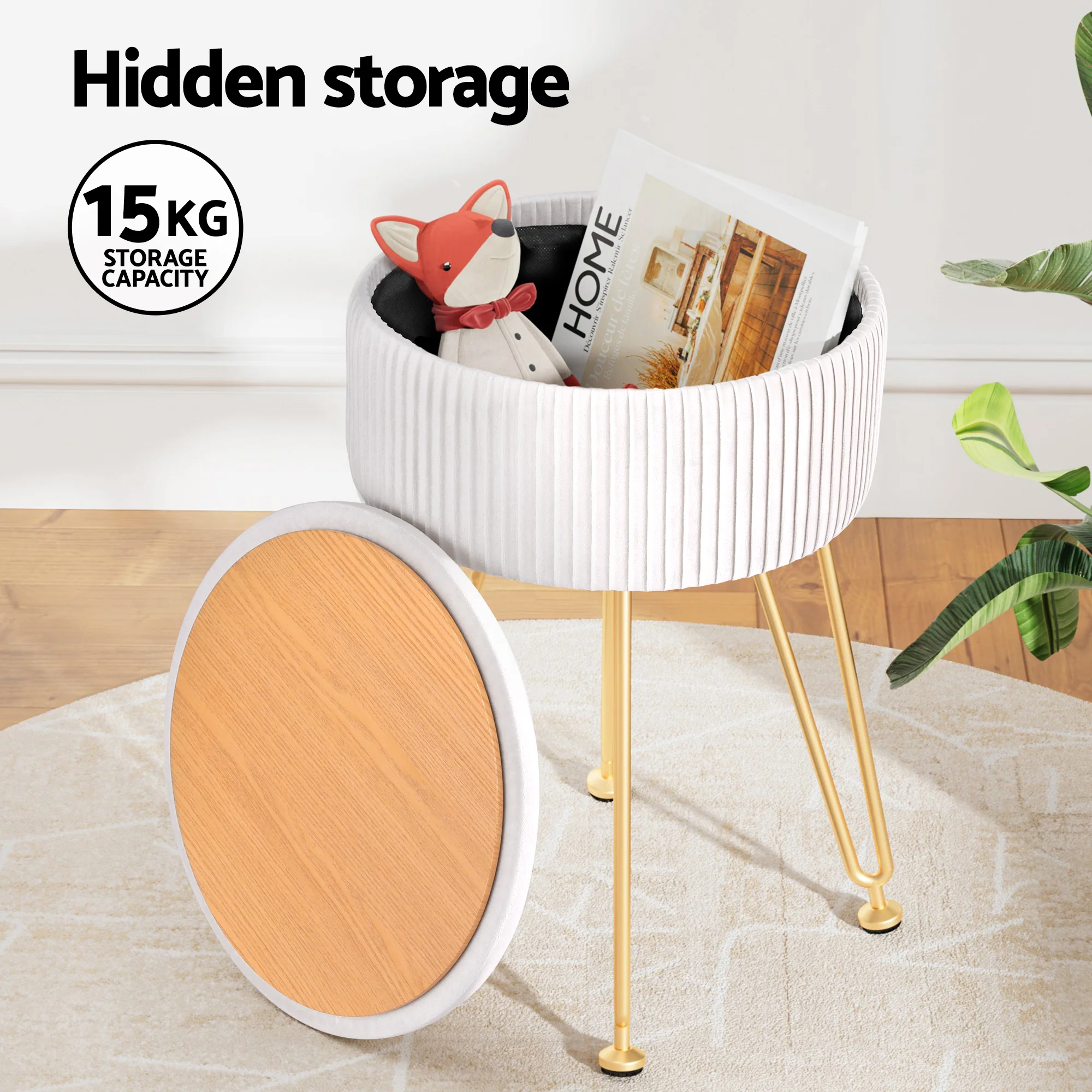 Artiss Ottoman Storage Foot Stool Vanity Velvet Round White - Image 6