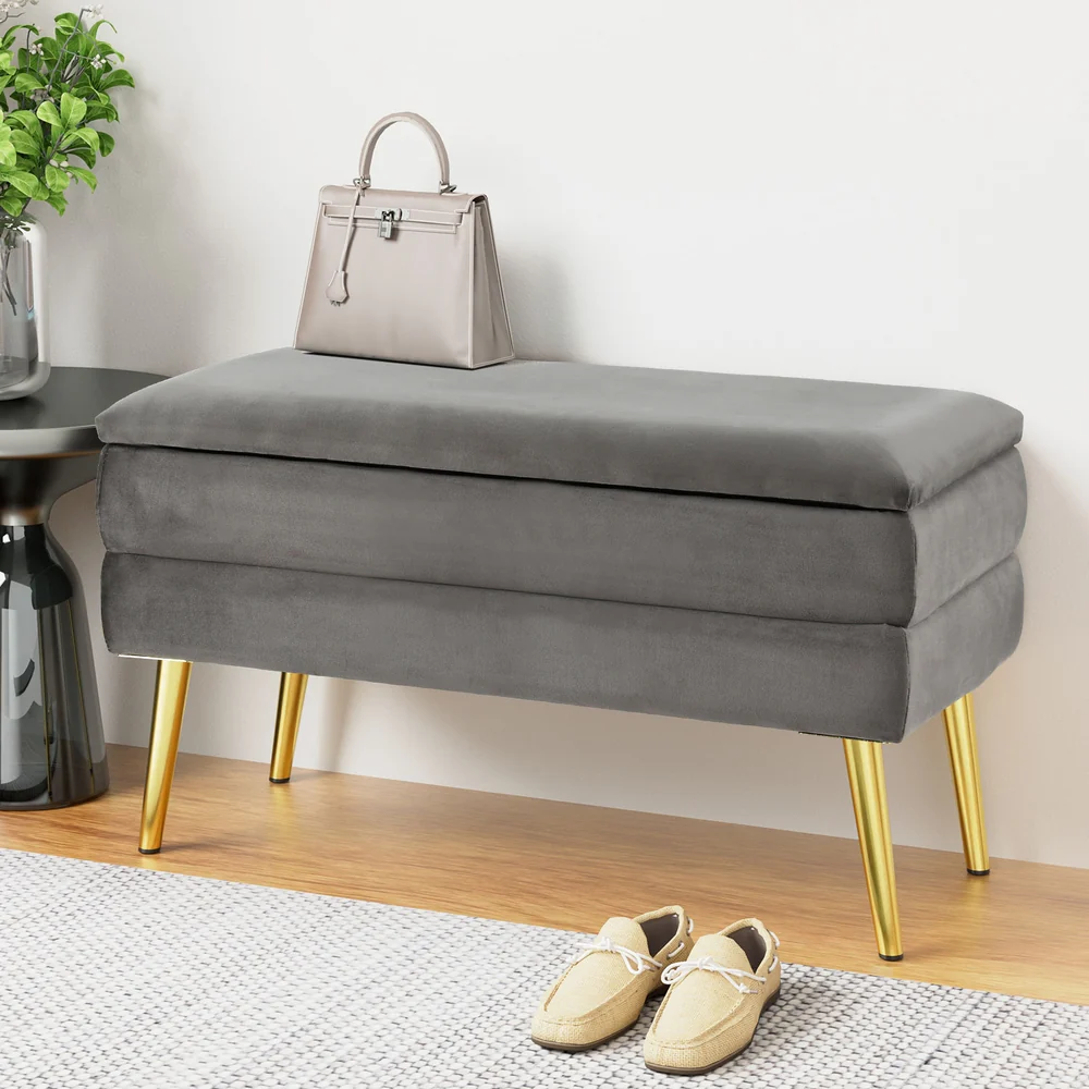 Artiss Ottoman Storage Foot Stool Velvet Grey - Image 2