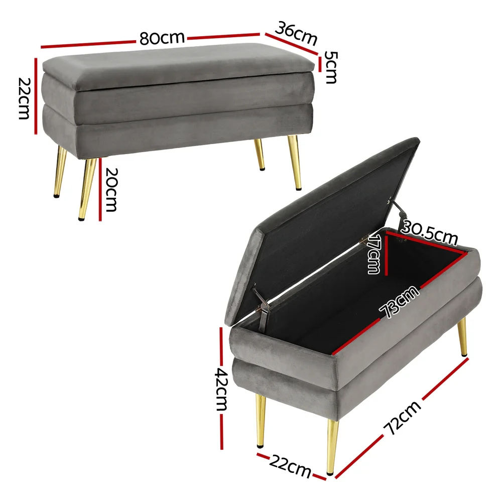 Artiss Ottoman Storage Foot Stool Velvet Grey - Image 3