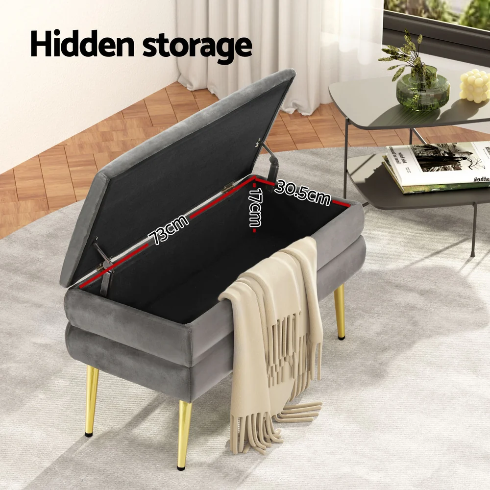 Artiss Ottoman Storage Foot Stool Velvet Grey - Image 6