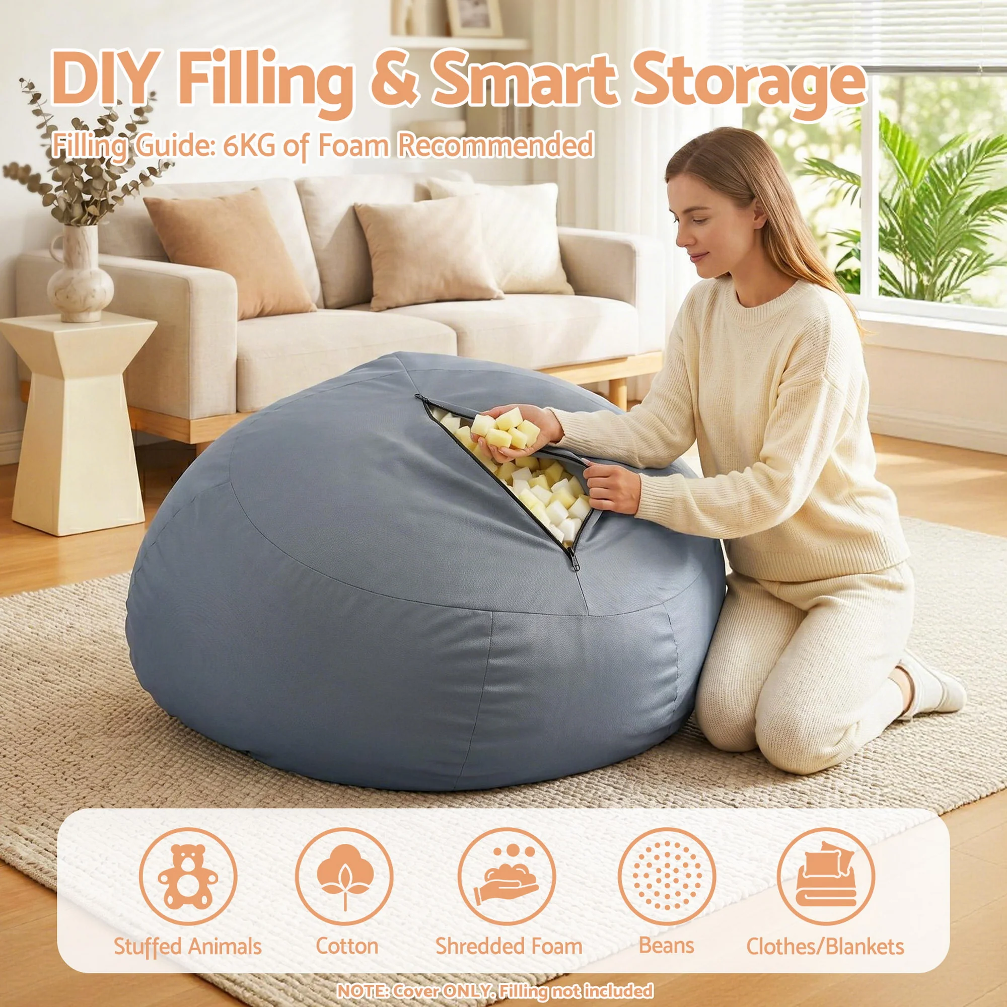 Artiss Outdoor Bean Bag Chair Cover (No Filler) Splash-Proof Beanbag Sofacover for Adults Teens Kids Stuffable Bean Bag Cover for Patio Poolside Relaxing, Grey - Image 6