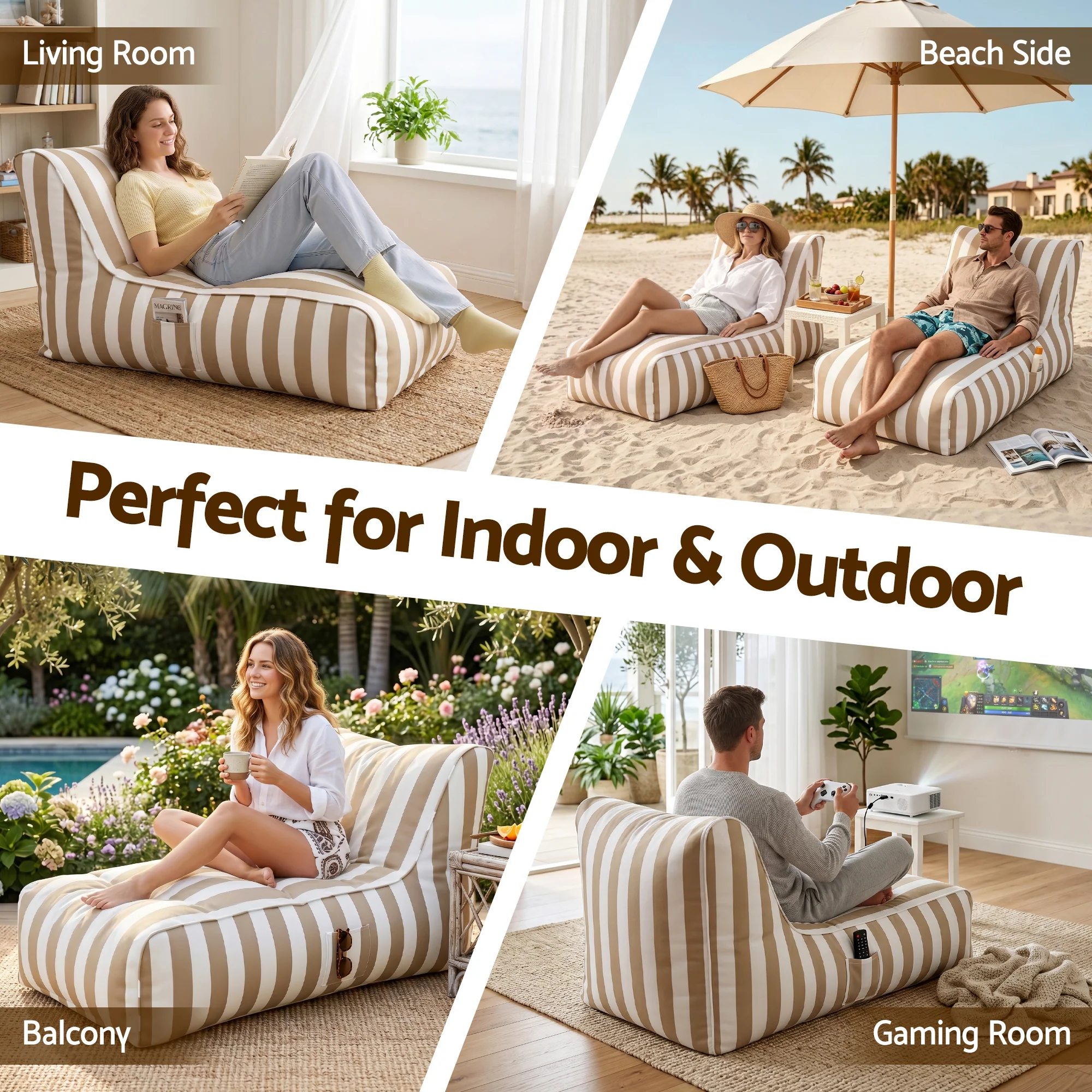 Artiss Outdoor Bean Bag Chair with Filler Splash-Proof Beanbag Lounge DIY Stuffed Animal Storage Bean Bag Washable for Patio Poolside Relaxing, Taupe - Image 7