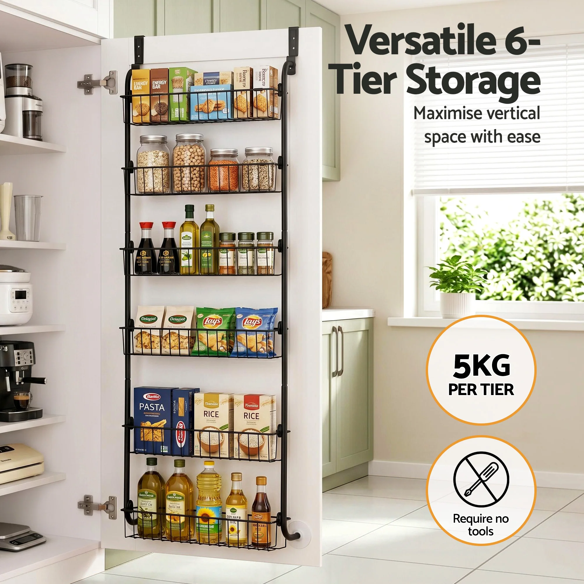 Artiss Over Door Storage Hanger Pantry 6-Tier Metal Hook Hanging Organiser Black - Image 6