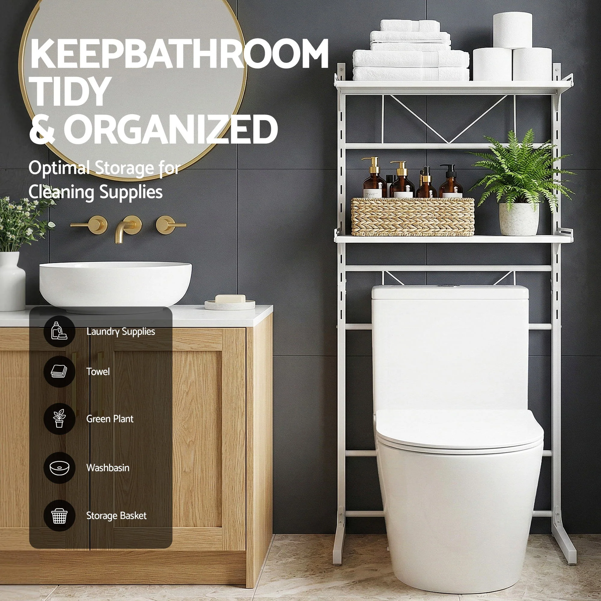 Artiss Over Toilet Bathroom Storage Shelf Rack Over Toilet 2 Tier - Image 4