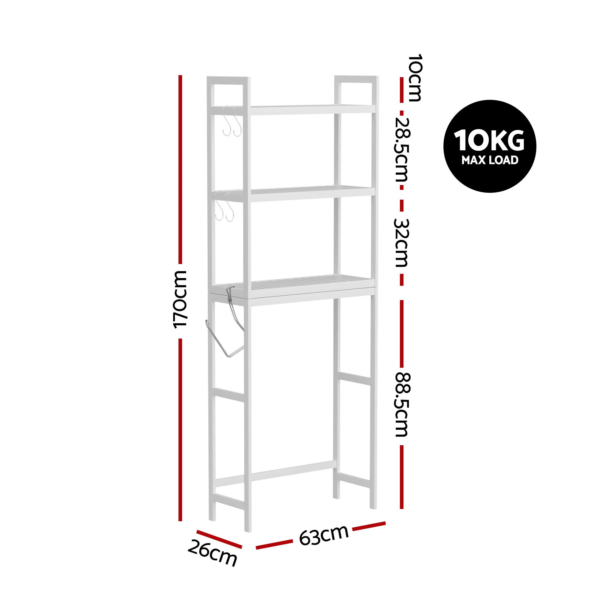Artiss Over Toilet Storage Bathroom Rack Space Saving 3 Tier Organiser White - Image 2