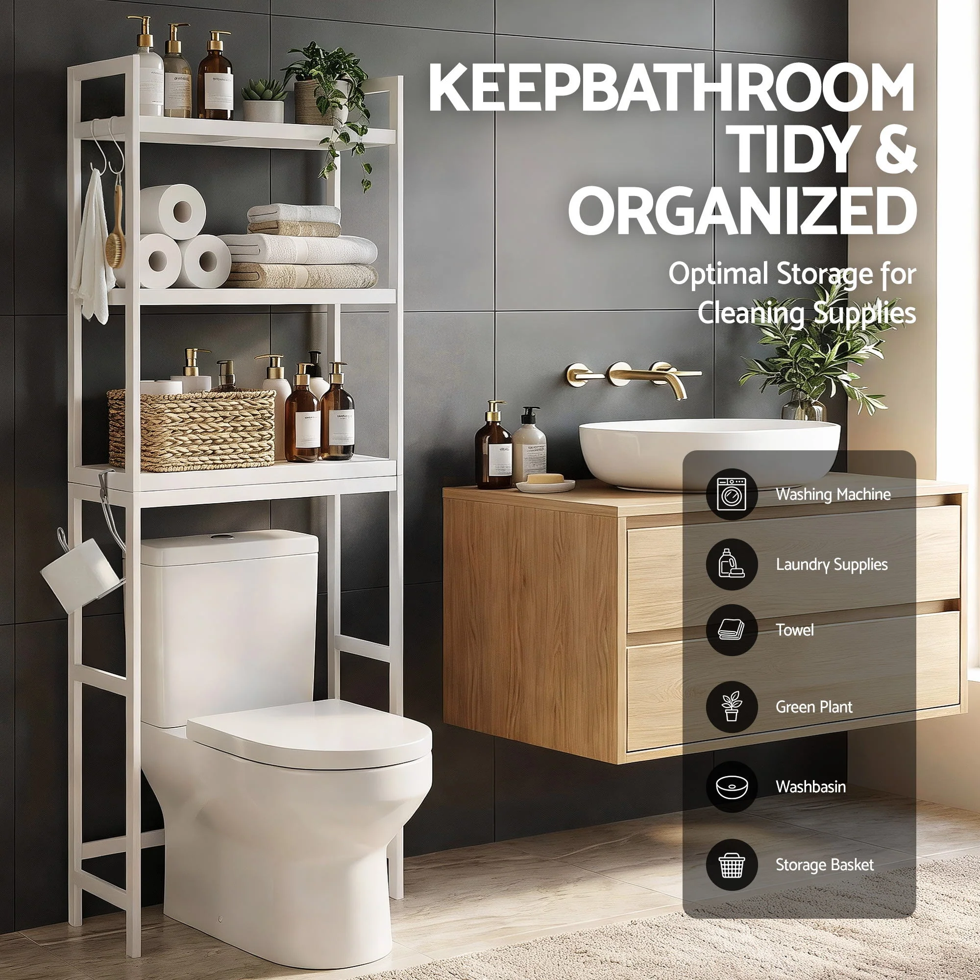 Artiss Over Toilet Storage Bathroom Rack Space Saving 3 Tier Organiser White - Image 4