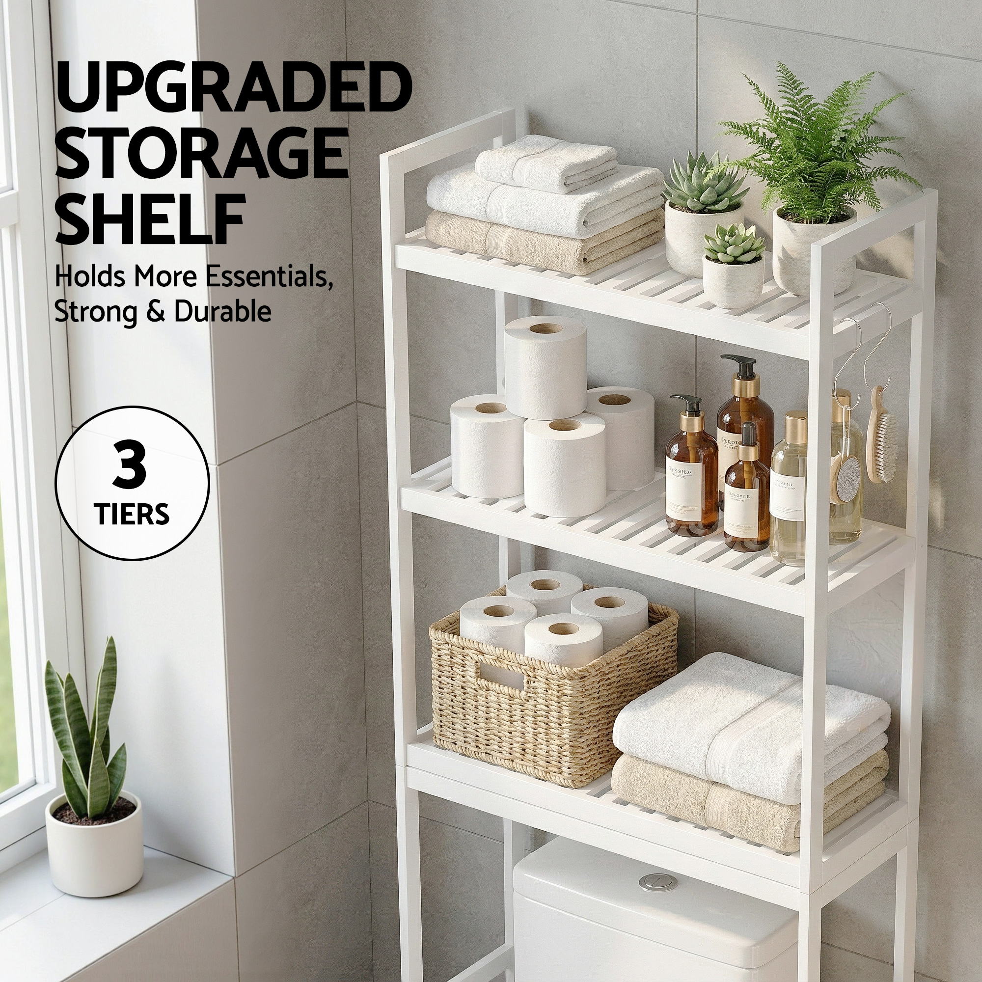 Artiss Over Toilet Storage Bathroom Rack Space Saving 3 Tier Organiser White - Image 5