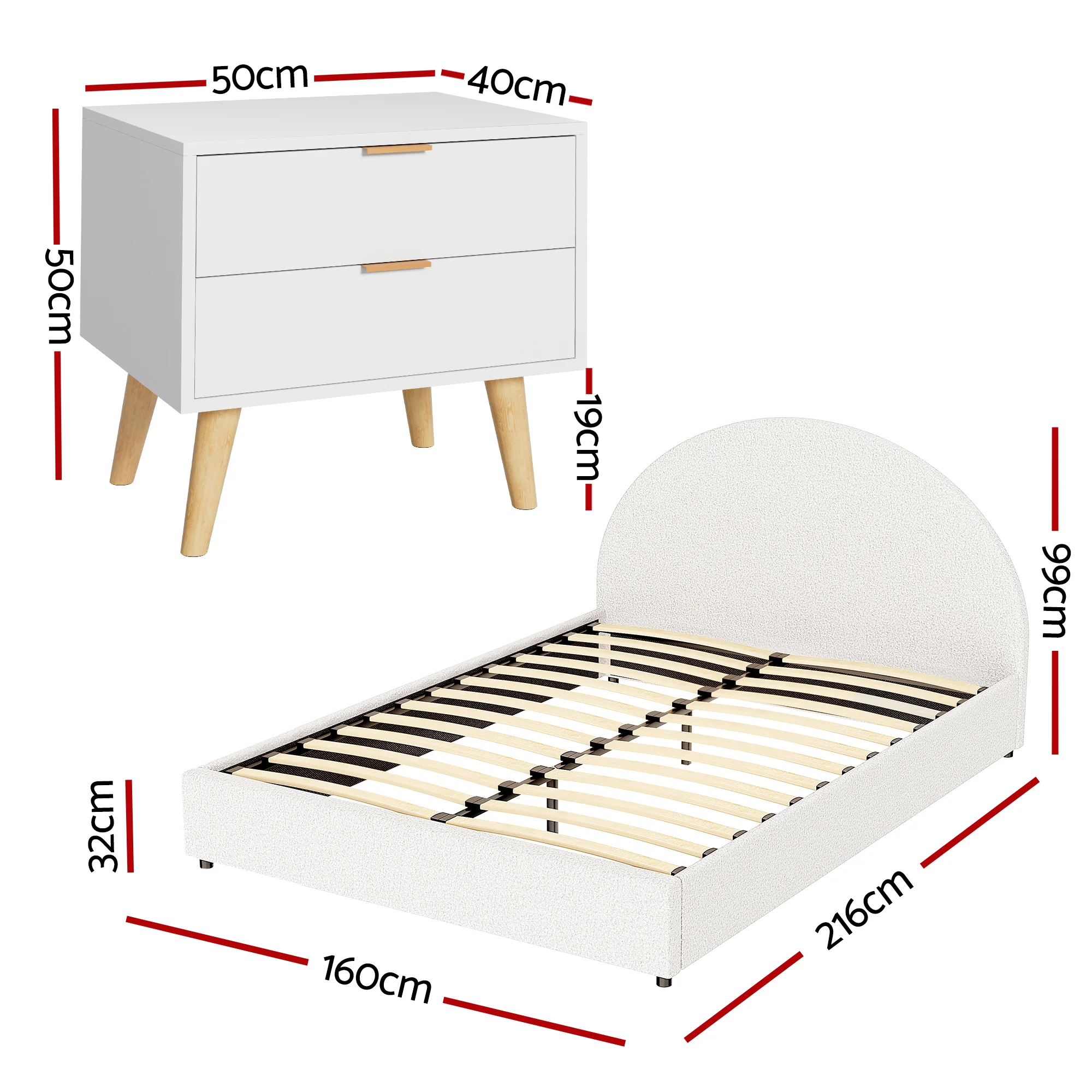 Artiss Queen Bed Frame Bedside Table Set Gas Lift Storage Base with Boucle Fabric Upholstered Headboard 2 Drawer Nightstand for Bedroom Furniture - Image 2