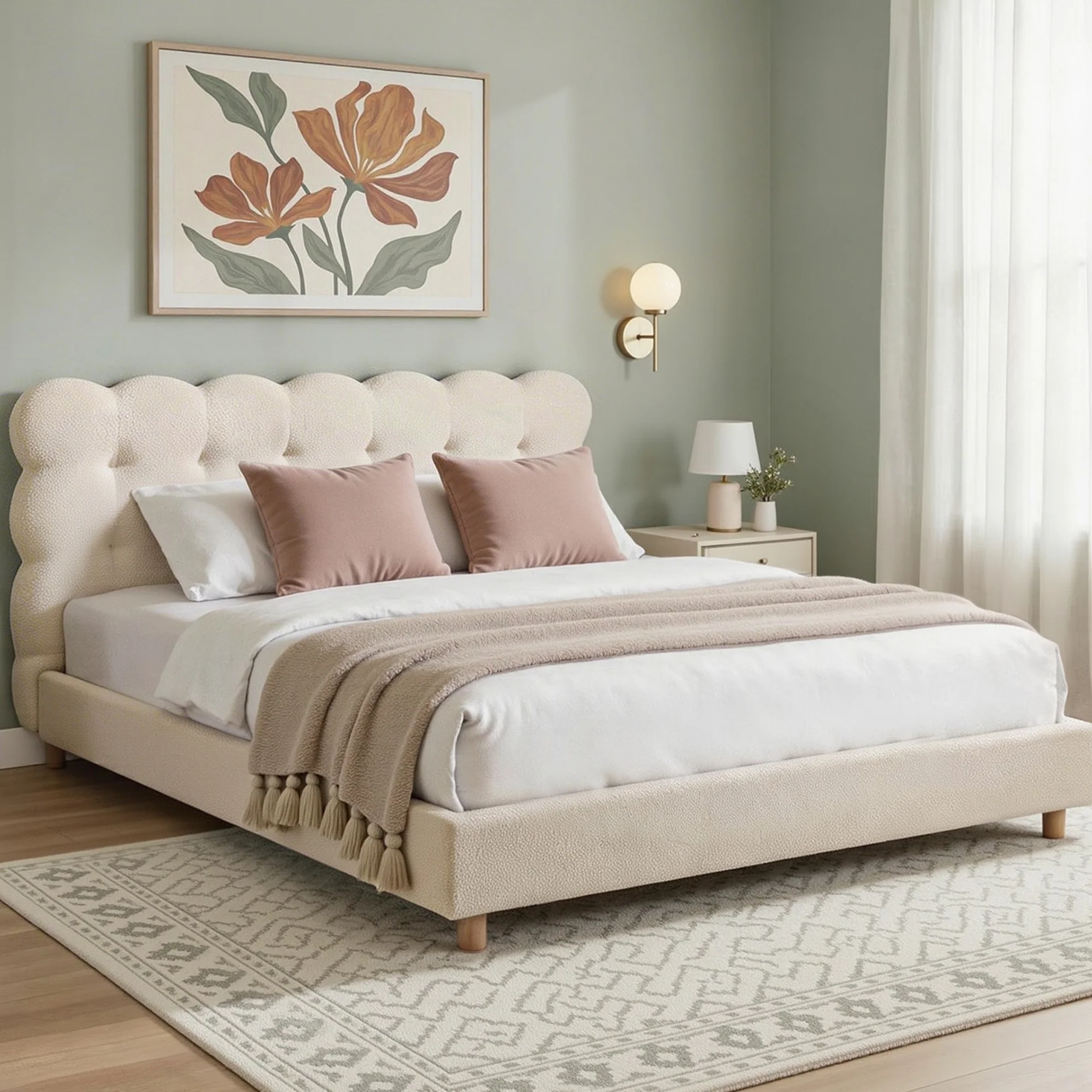Artiss Queen Bed Frame Cloud Headboard Boucle Fabric Mattress Platform Base White