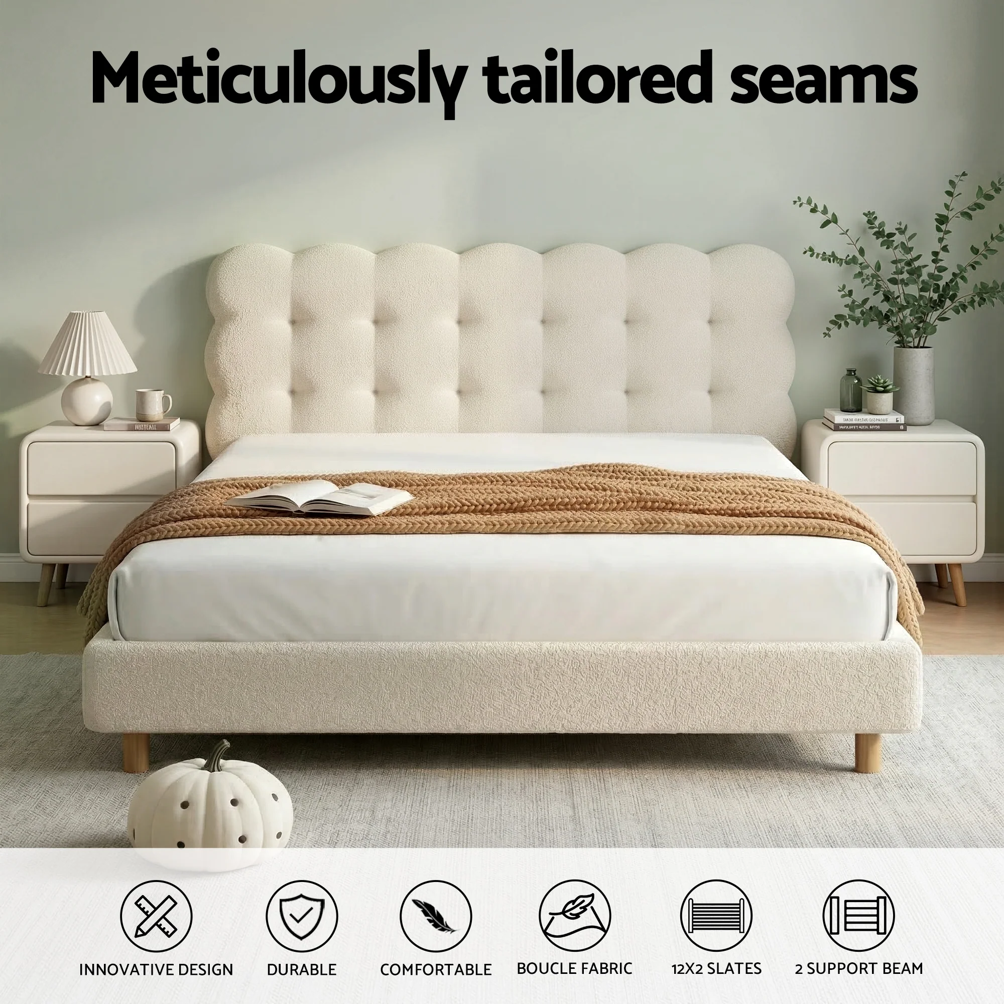 Artiss Queen Bed Frame Cloud Headboard Boucle Fabric Mattress Platform Base White - Image 5