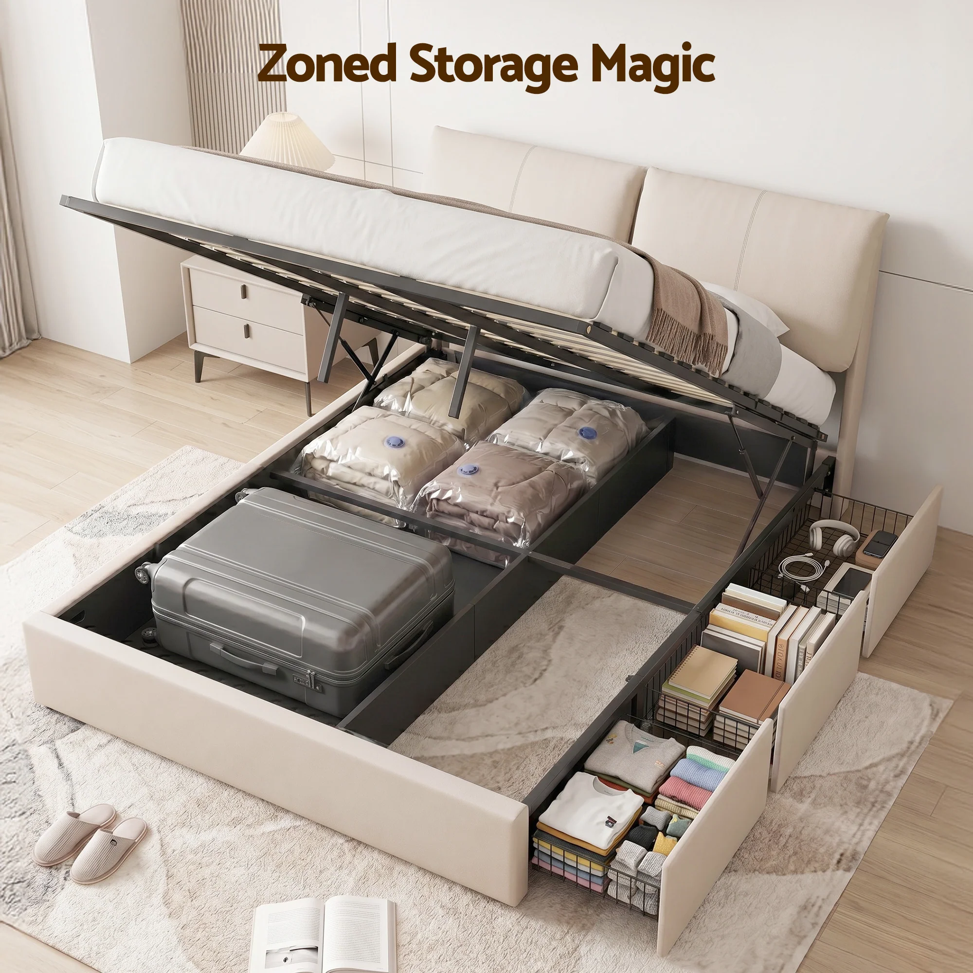 Artiss Queen Bed Frame Gas Lift Storage 3 Drawers Adjustable Headboard Platform Base - Image 5