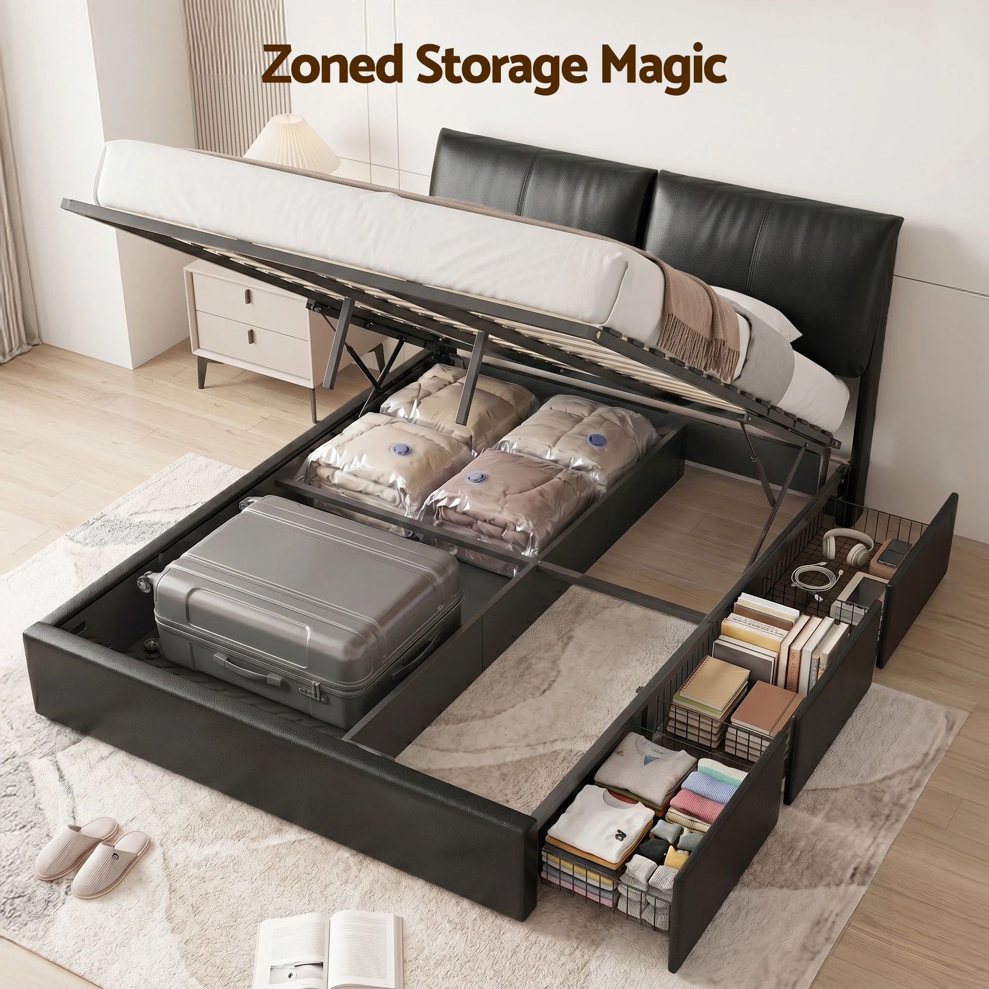 Artiss Queen Bed Frame Gas Lift Storage 3 Drawers Adjustable Headboard Platform Bed Black - Image 5