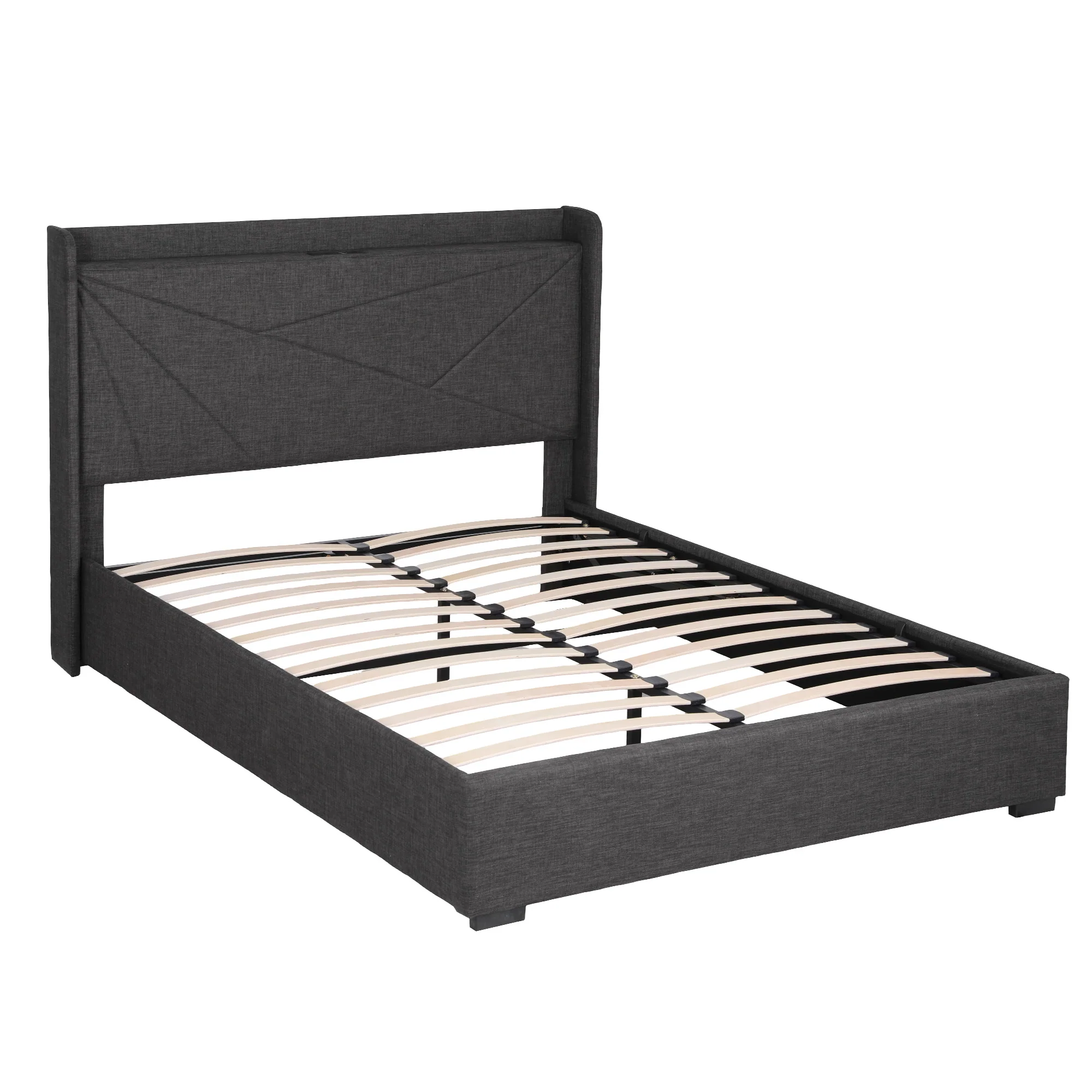 Artiss Queen Bed Frame Gas Lift Storage Bed with Charging Ports Upholstered Geometric Headboard Charcoal Grey - Image 2
