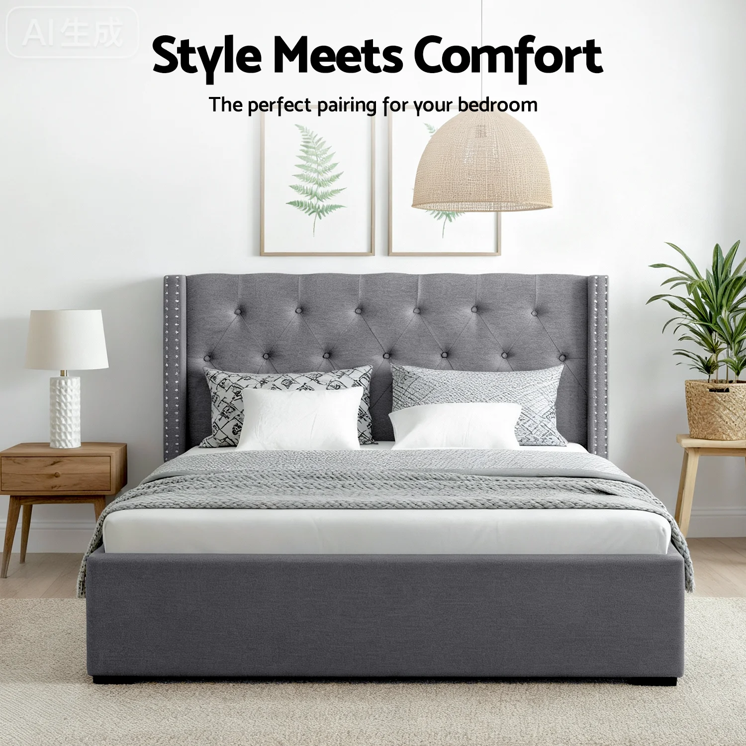 Artiss Queen Bed Frame Storage Tufted Headboard Gas Lift Base Grey - Image 5