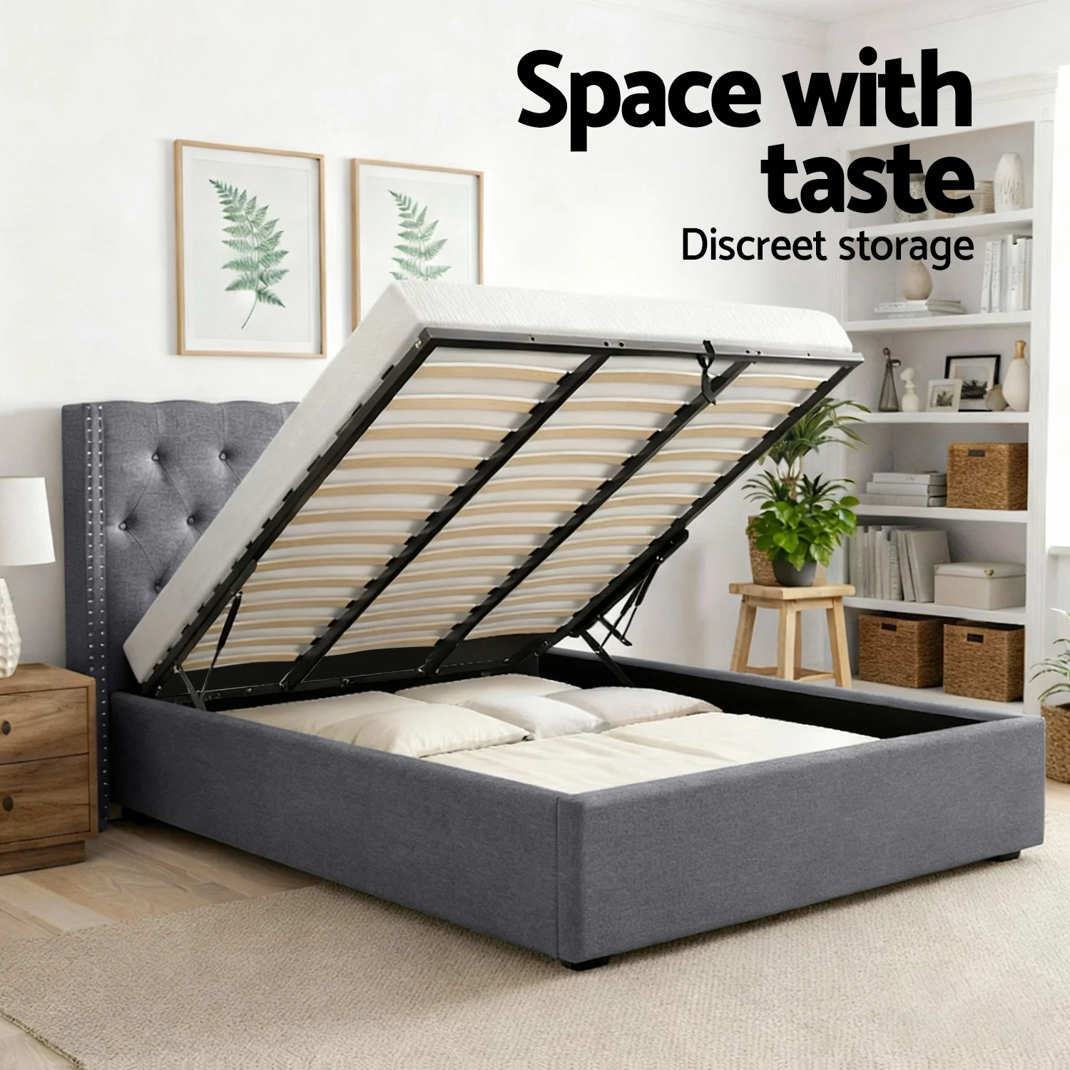 Artiss Queen Bed Frame Storage Tufted Headboard Gas Lift Base Grey - Image 6