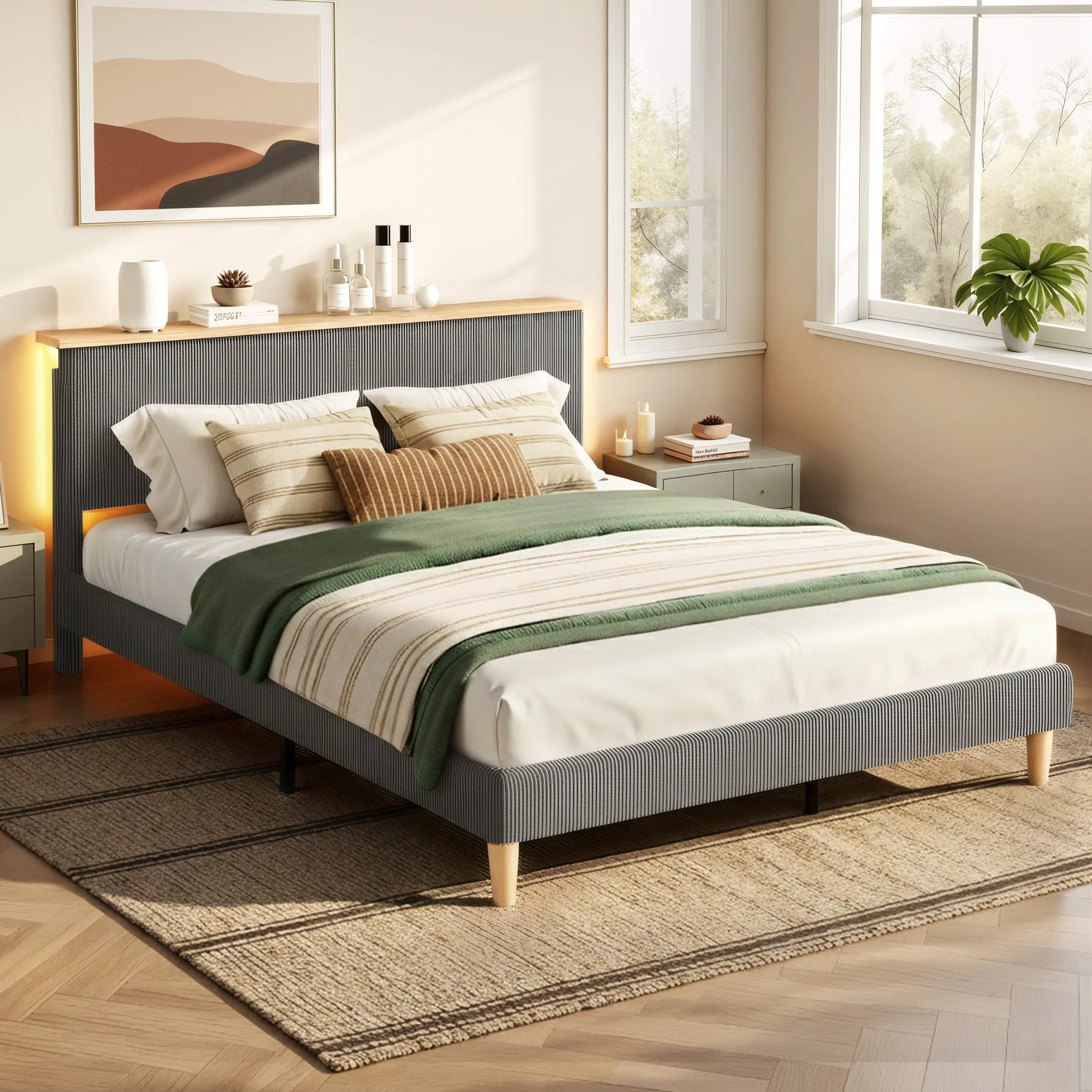 Artiss Queen Bed Frame Upholstered Adjustable Headboard Mood Lighting Corduroy Grey