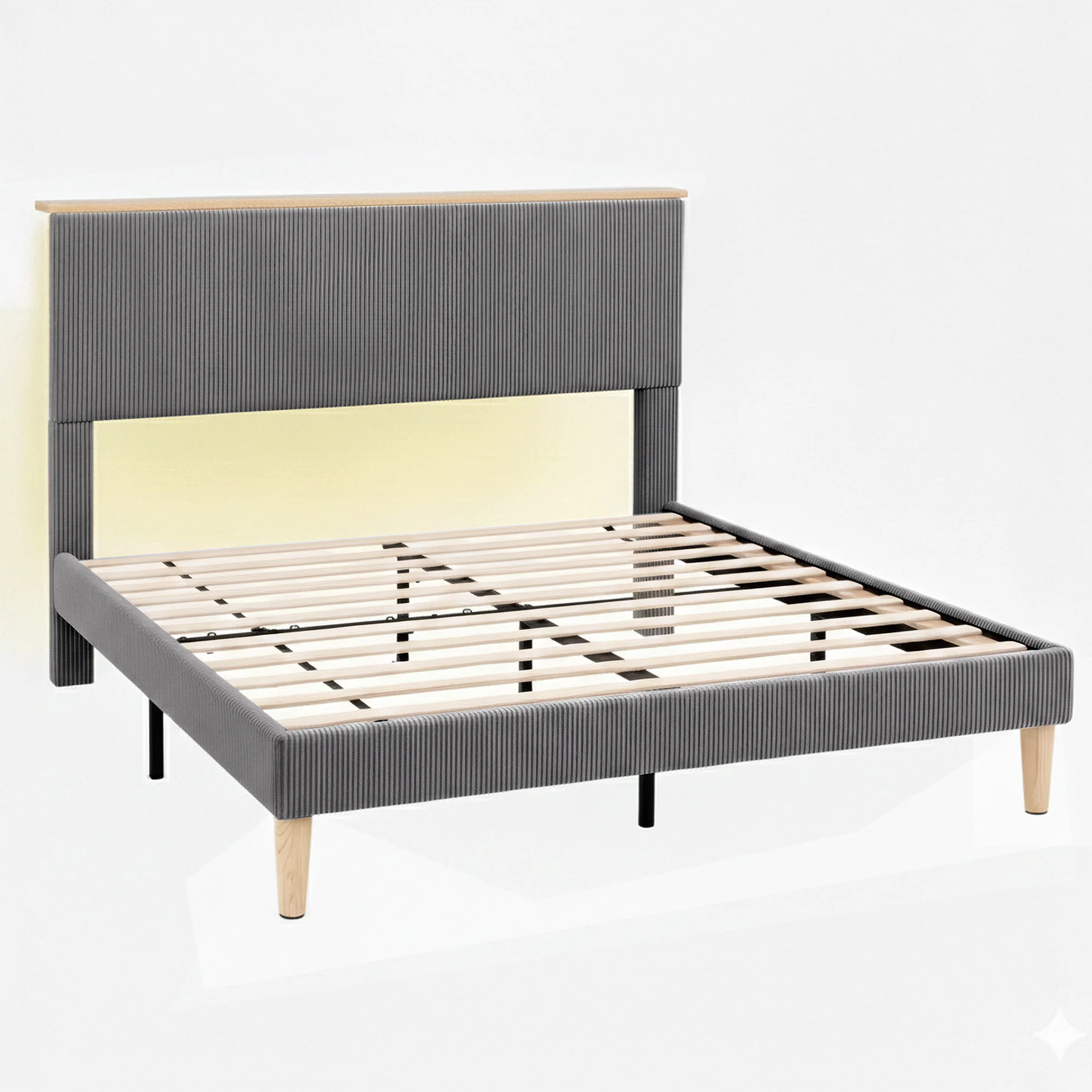 Artiss Queen Bed Frame Upholstered Adjustable Headboard Mood Lighting Corduroy Grey - Image 2