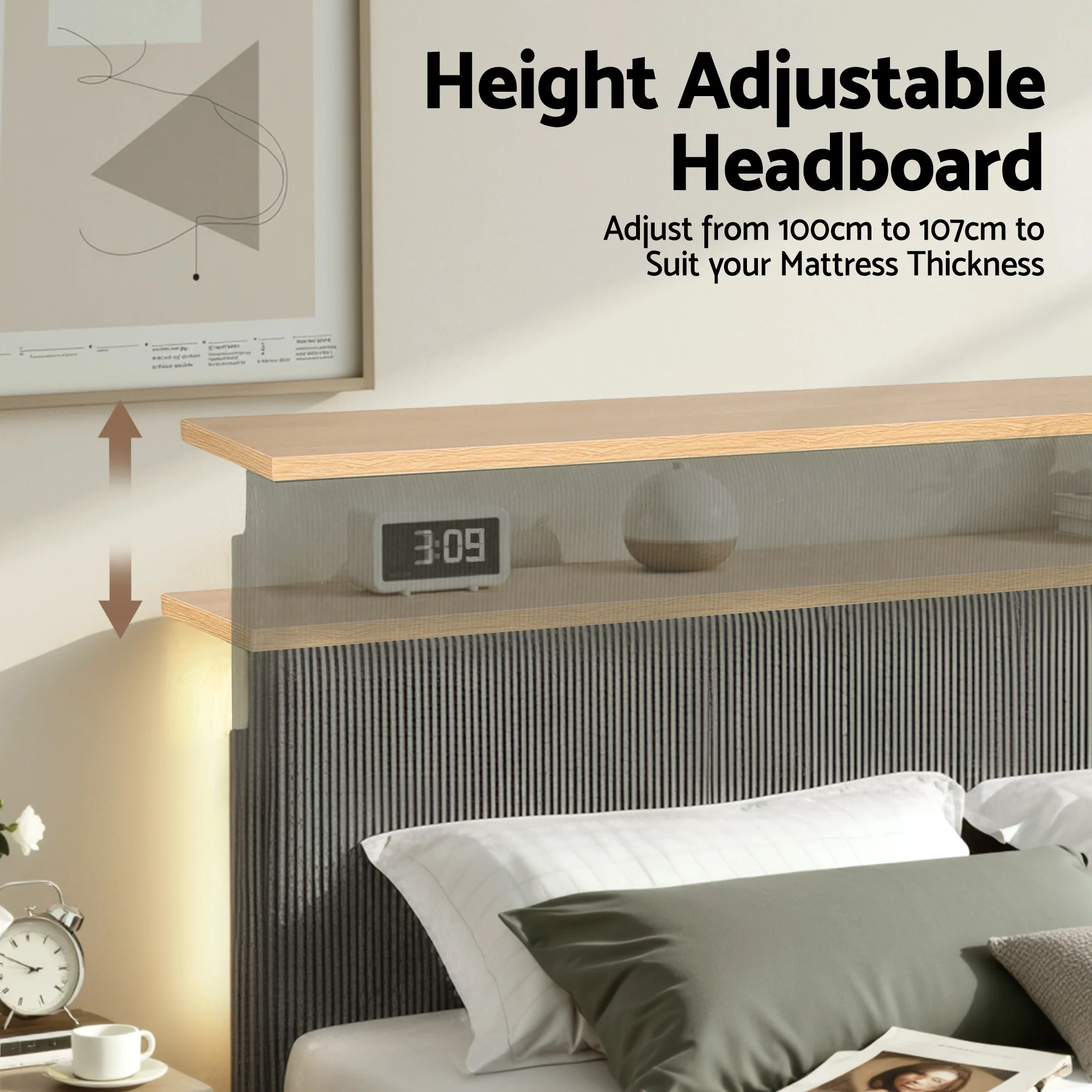 Artiss Queen Bed Frame Upholstered Adjustable Headboard Mood Lighting Corduroy Grey - Image 5