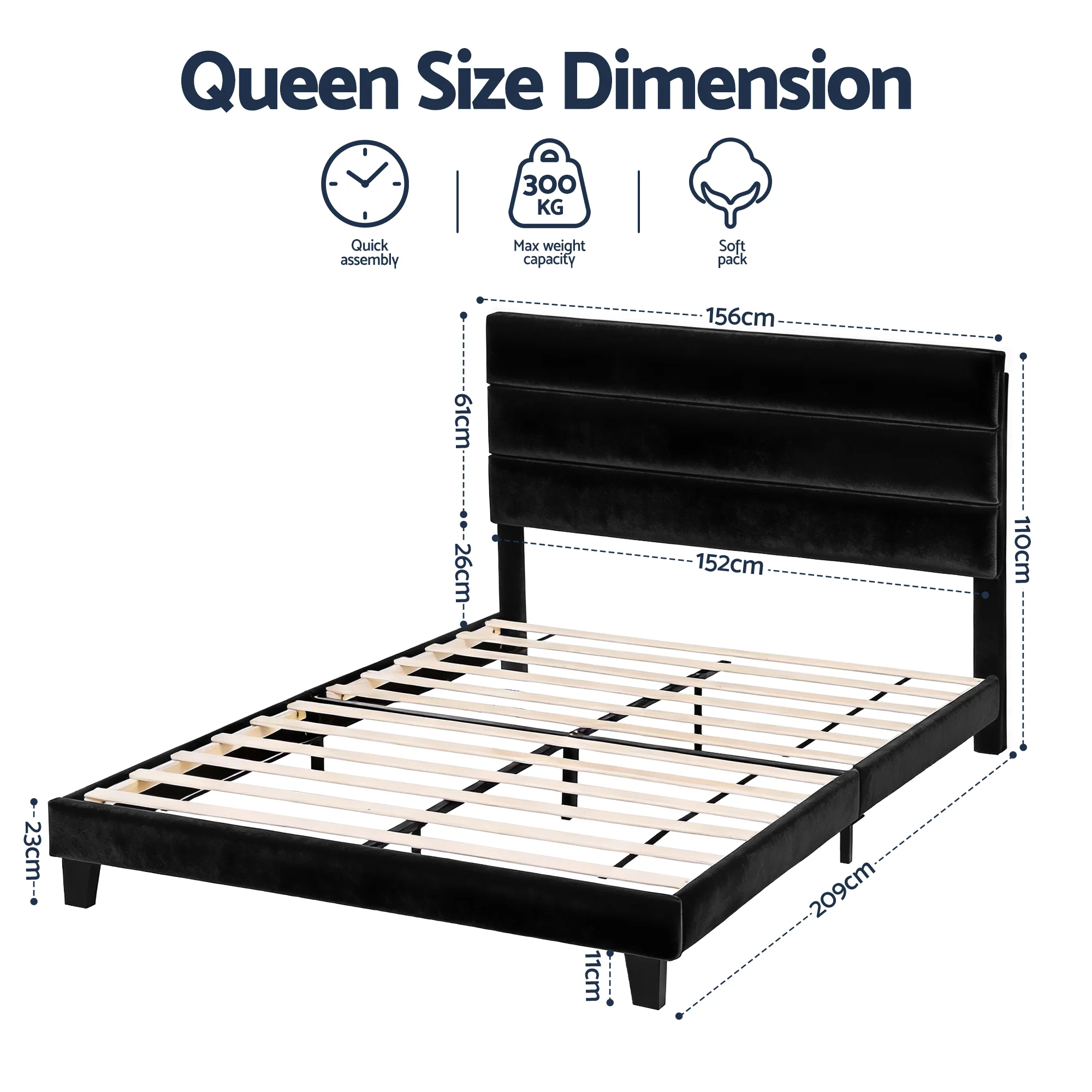 Artiss Queen Bed Frame Upholstered Platform Base with Geometric Headboard Black Velvet - Image 2