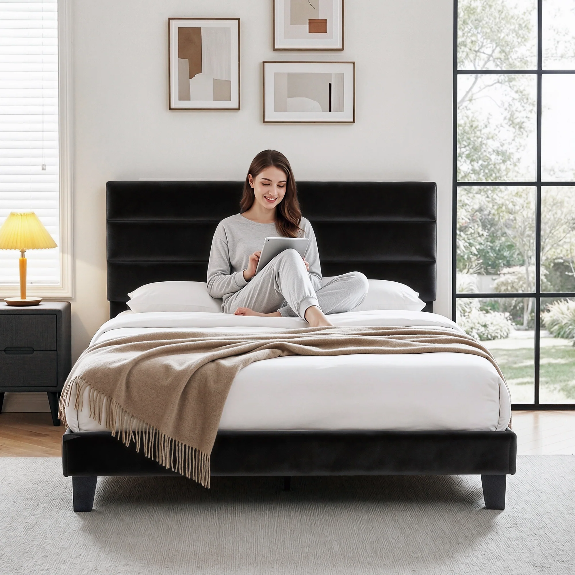 Artiss Queen Bed Frame Upholstered Platform Base with Geometric Headboard Black Velvet - Image 4