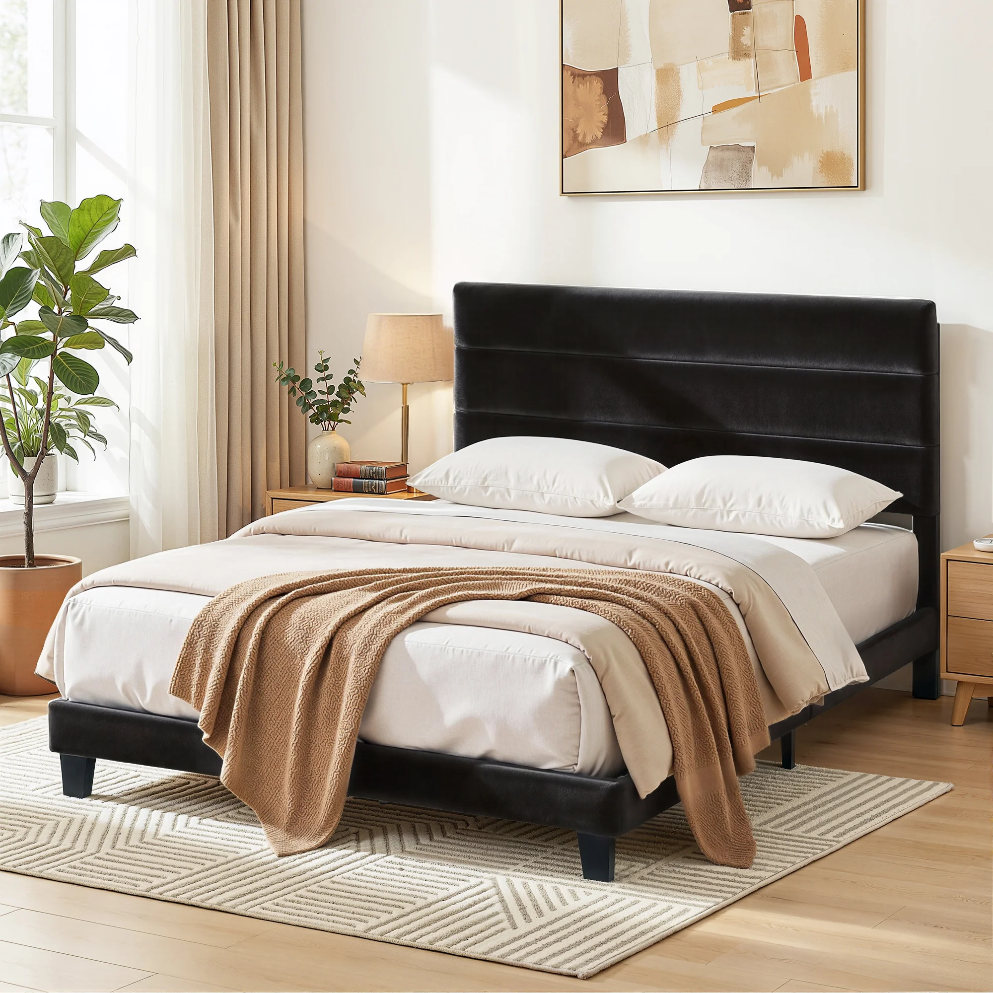 Artiss Queen Bed Frame Upholstered Platform Base with Geometric Headboard Black Velvet - Image 7
