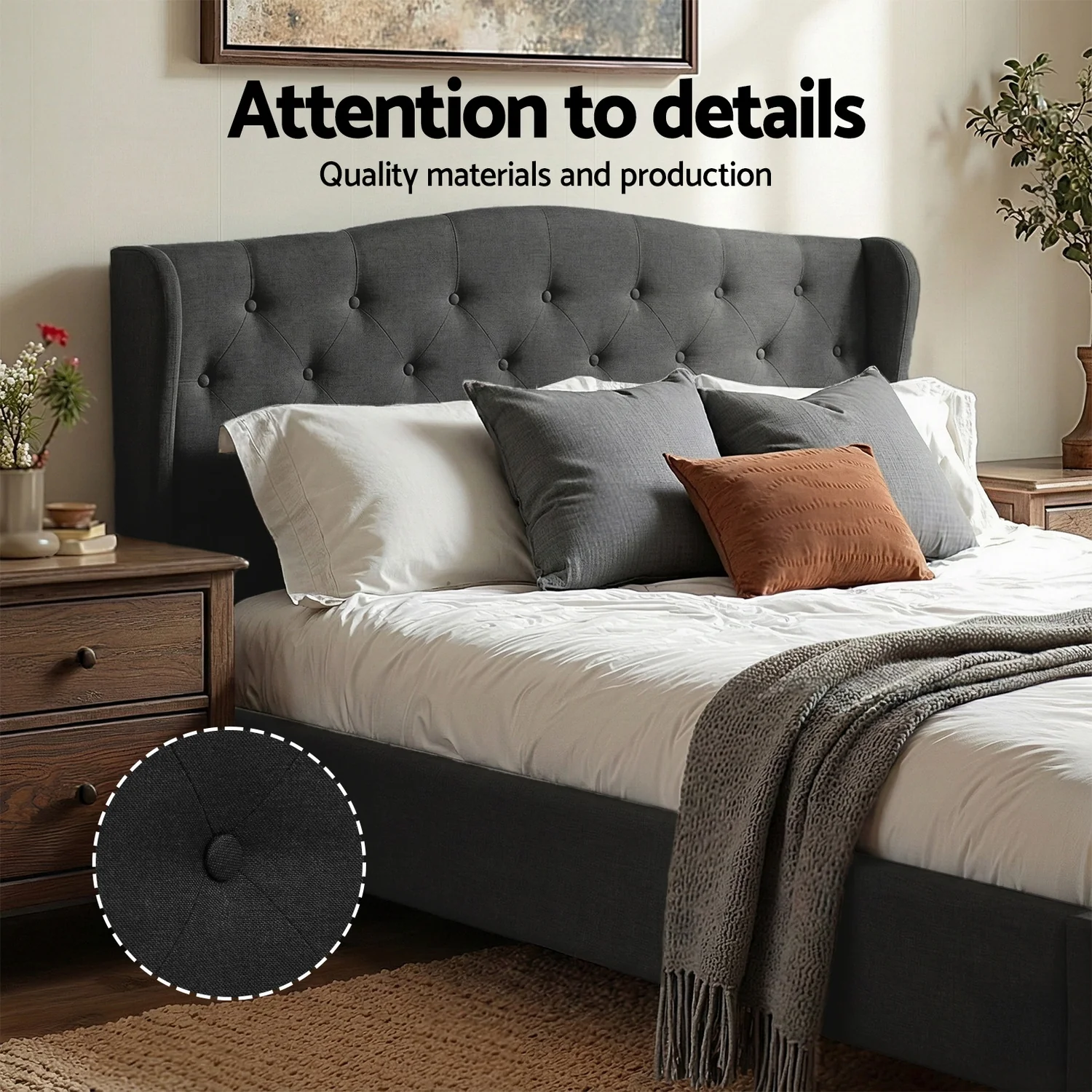 Artiss Queen Bed Frame Wingback Headboard Charcoal Grey Linen Upholstered Platform Bed Base - Image 4