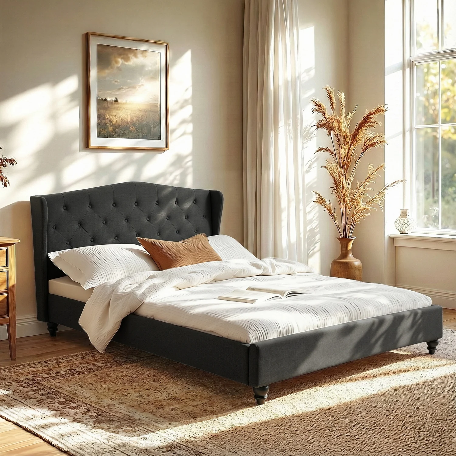 Artiss Queen Bed Frame Wingback Headboard Charcoal Grey Linen Upholstered Platform Bed Base - Image 7