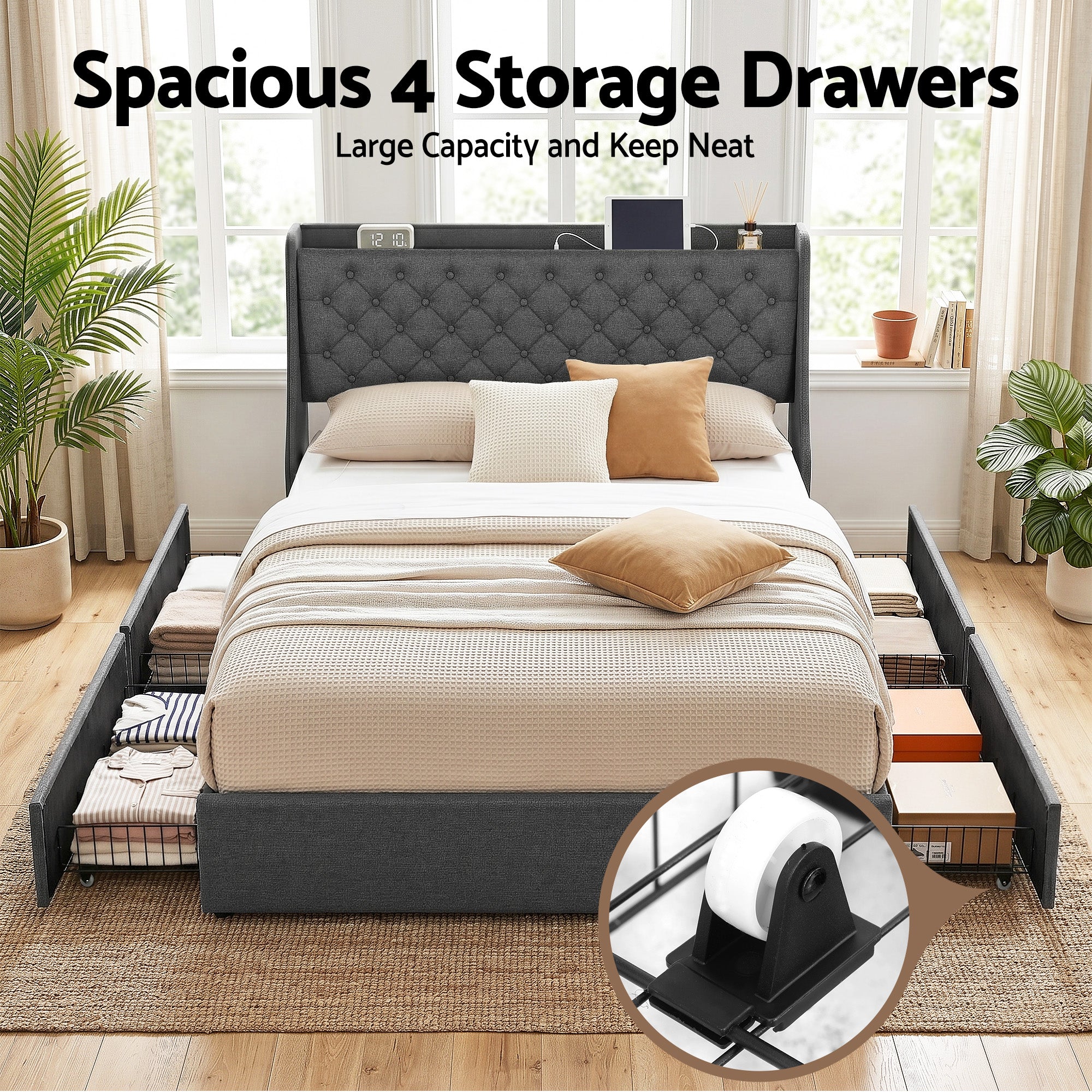 Artiss Queen Bed Frame with 4 Storage Drawers and Charging Station Tufted Wingback Headboard 300kg Loads Charcoal Grey - Image 5