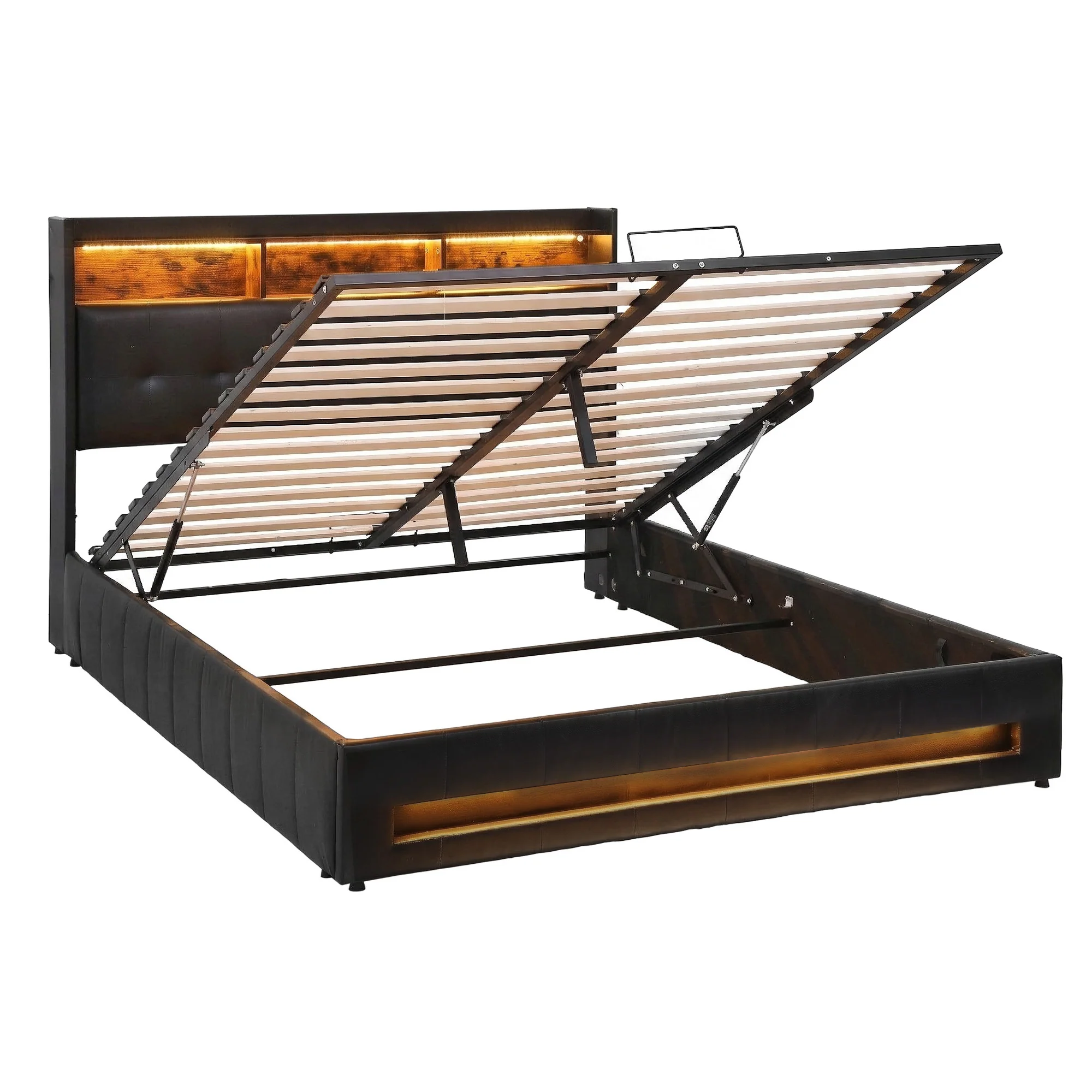 Artiss Queen Bed Frame with Gas Lift Storage LED Lights Charging Station Headboard with Open Shelf - Image 2