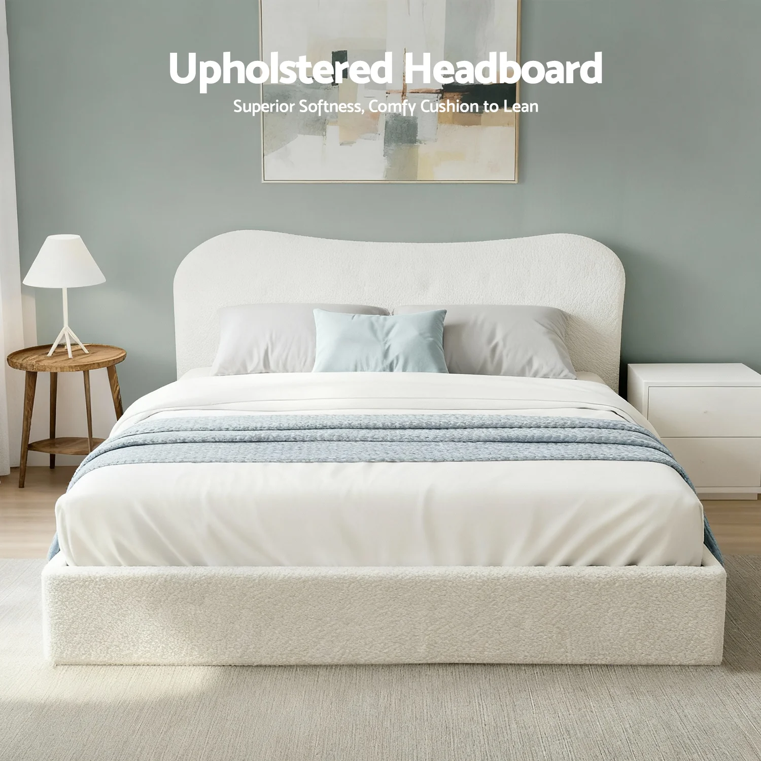 Artiss Queen Bed Frame with Gaslift Storage Wooden Platform Mattress Base Boucle Upholstered White - Image 2