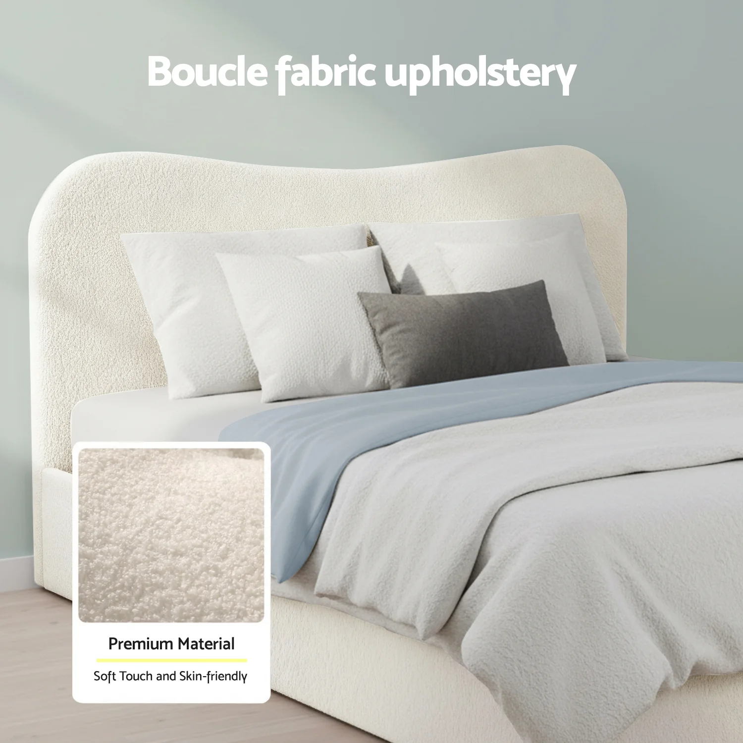 Artiss Queen Bed Frame with Gaslift Storage Wooden Platform Mattress Base Boucle Upholstered White - Image 5