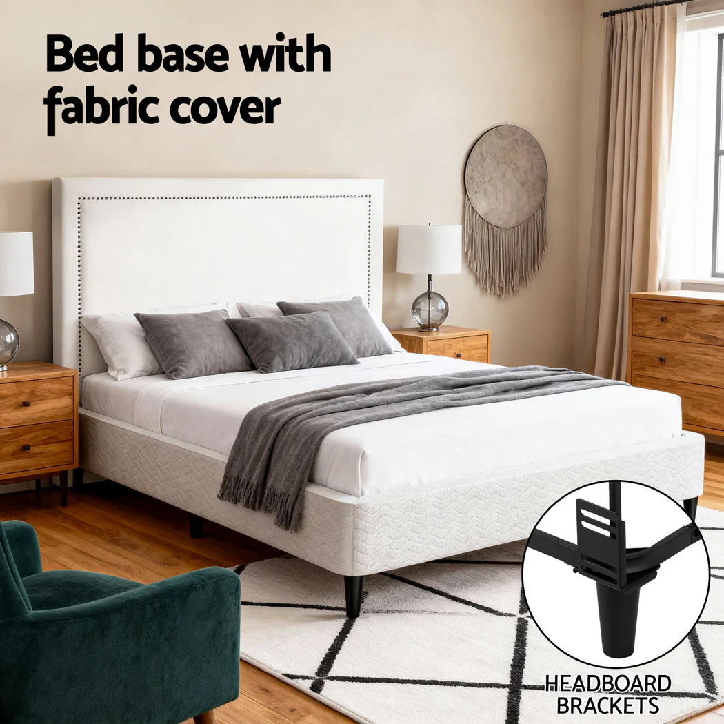 Artiss Queen Bed Frame with Headboard Platform Bed Base Grey Beige Fabric Metal - Image 5