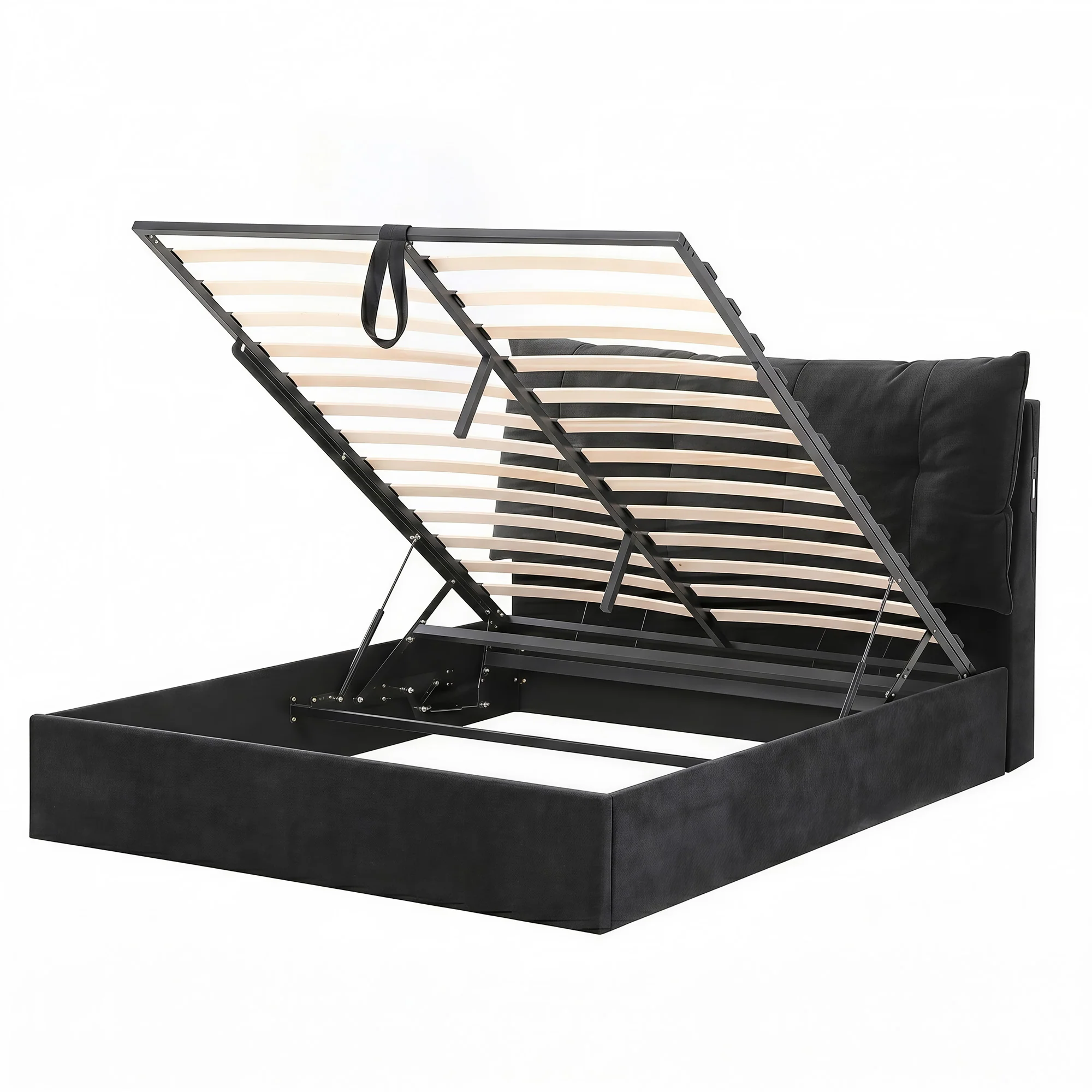 Artiss Queen Bed Frame with Horizontal Gas Lift Storage with LED Light USB Type-C Charging Station Black Velvet - Image 2