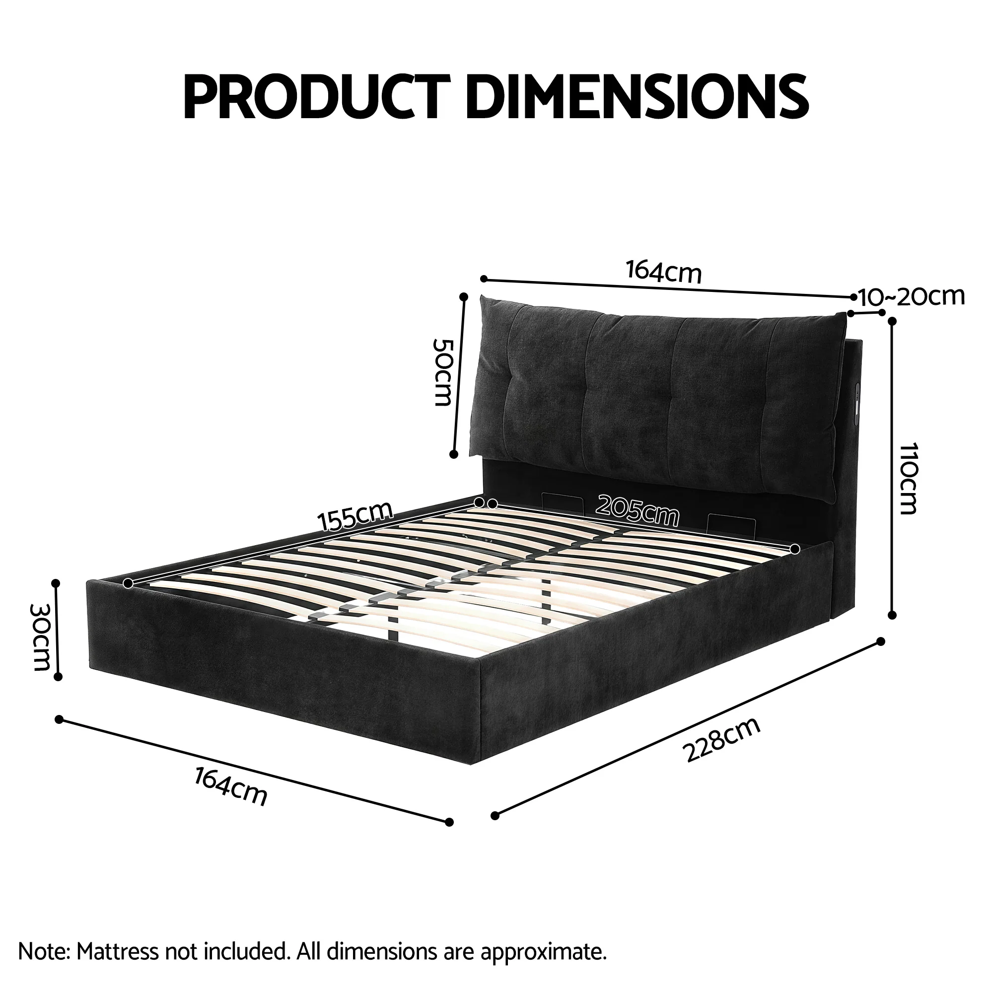 Artiss Queen Bed Frame with Horizontal Gas Lift Storage with LED Light USB Type-C Charging Station Black Velvet - Image 3
