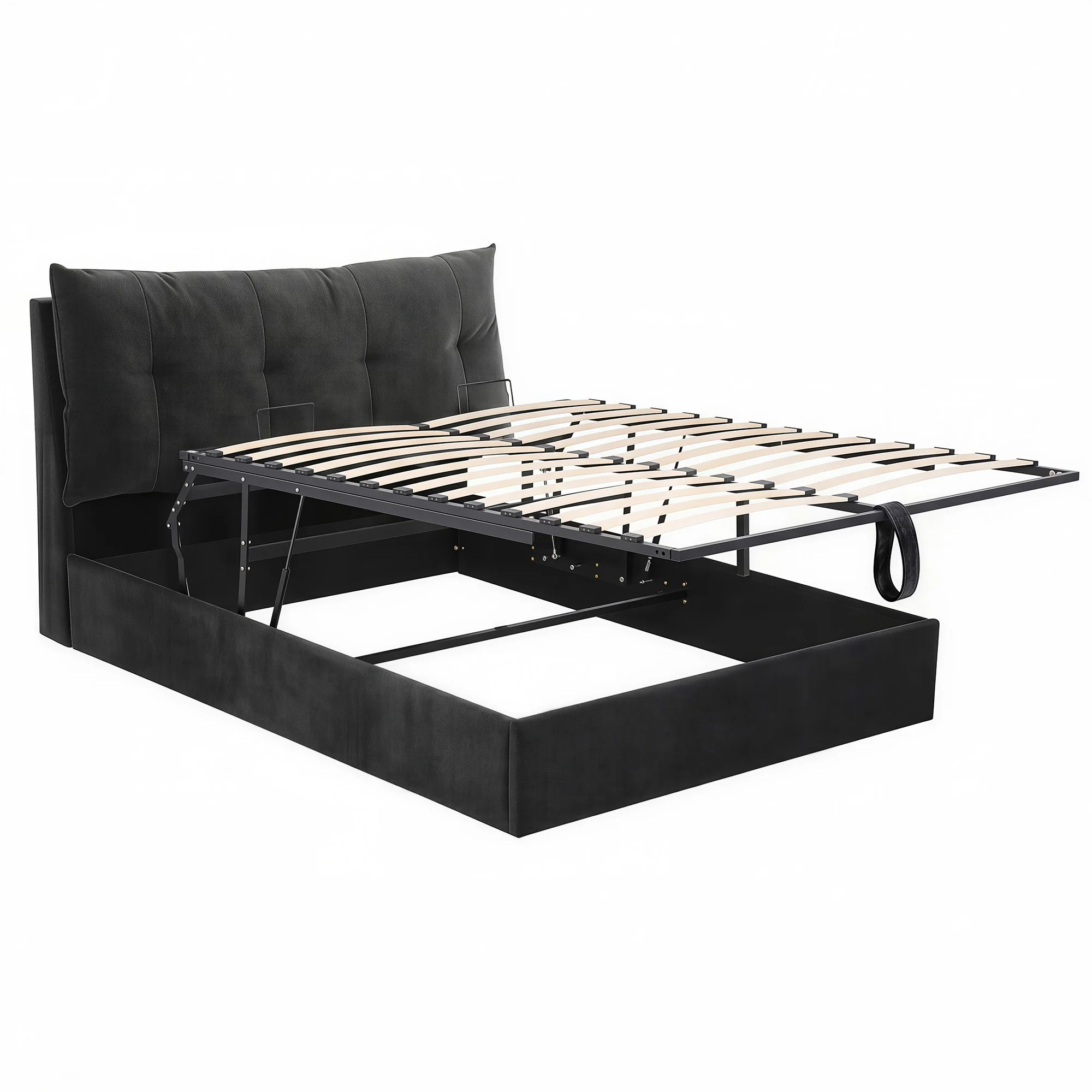 Artiss Queen Bed Frame with Horizontal Gas Lift Storage with LED Light USB Type-C Charging Station Black Velvet - Image 4