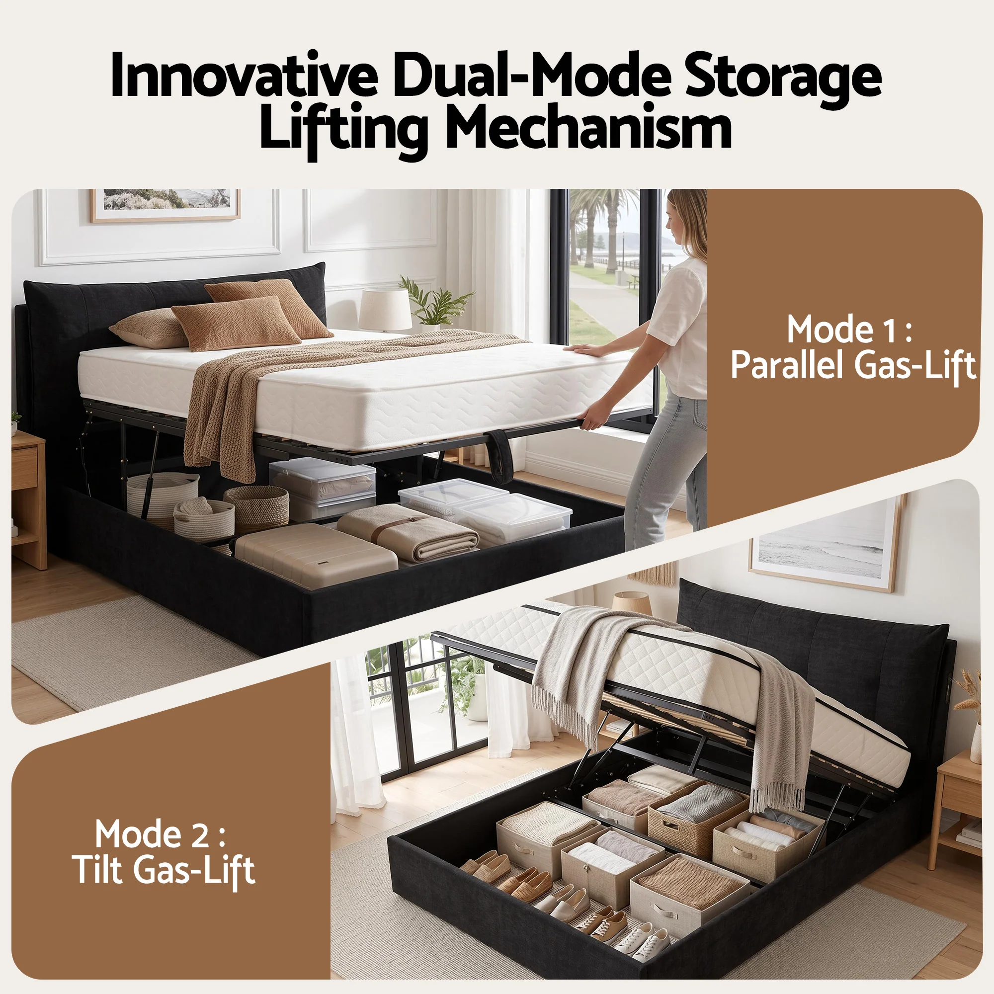 Artiss Queen Bed Frame with Horizontal Gas Lift Storage with LED Light USB Type-C Charging Station Black Velvet - Image 5
