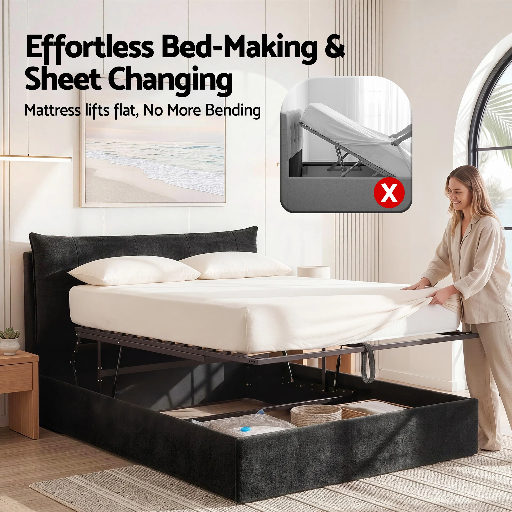 Artiss Queen Bed Frame with Horizontal Gas Lift Storage with LED Light USB Type-C Charging Station Black Velvet - Image 6