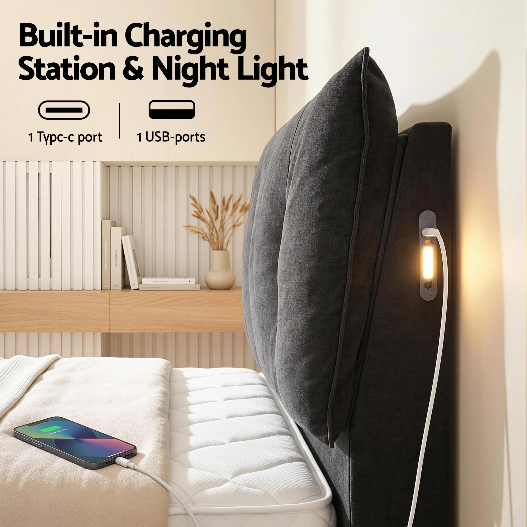 Artiss Queen Bed Frame with Horizontal Gas Lift Storage with LED Light USB Type-C Charging Station Black Velvet - Image 7