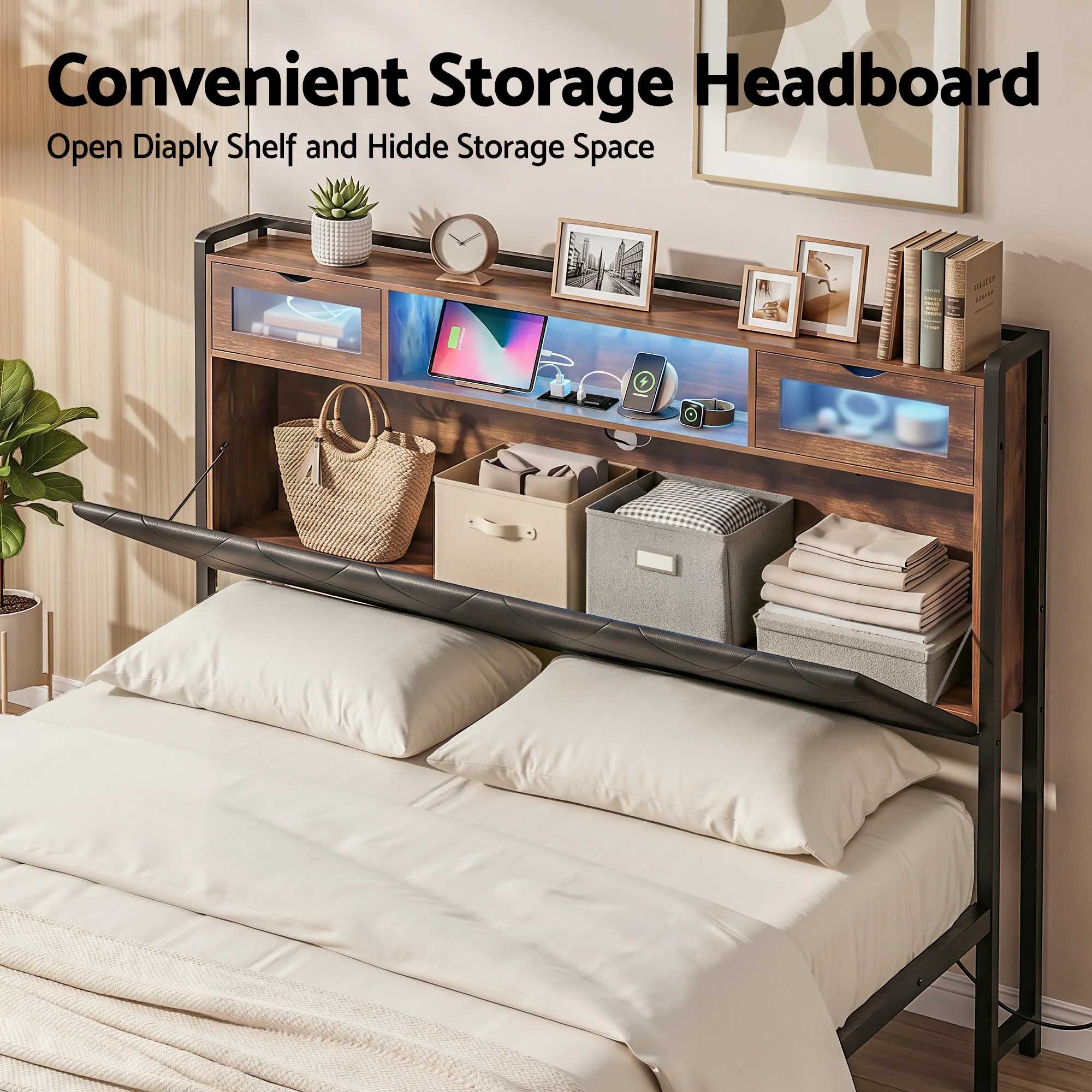 Artiss Queen Bed Frame with LED Lights and Storage Headboard Charging Station - Image 6