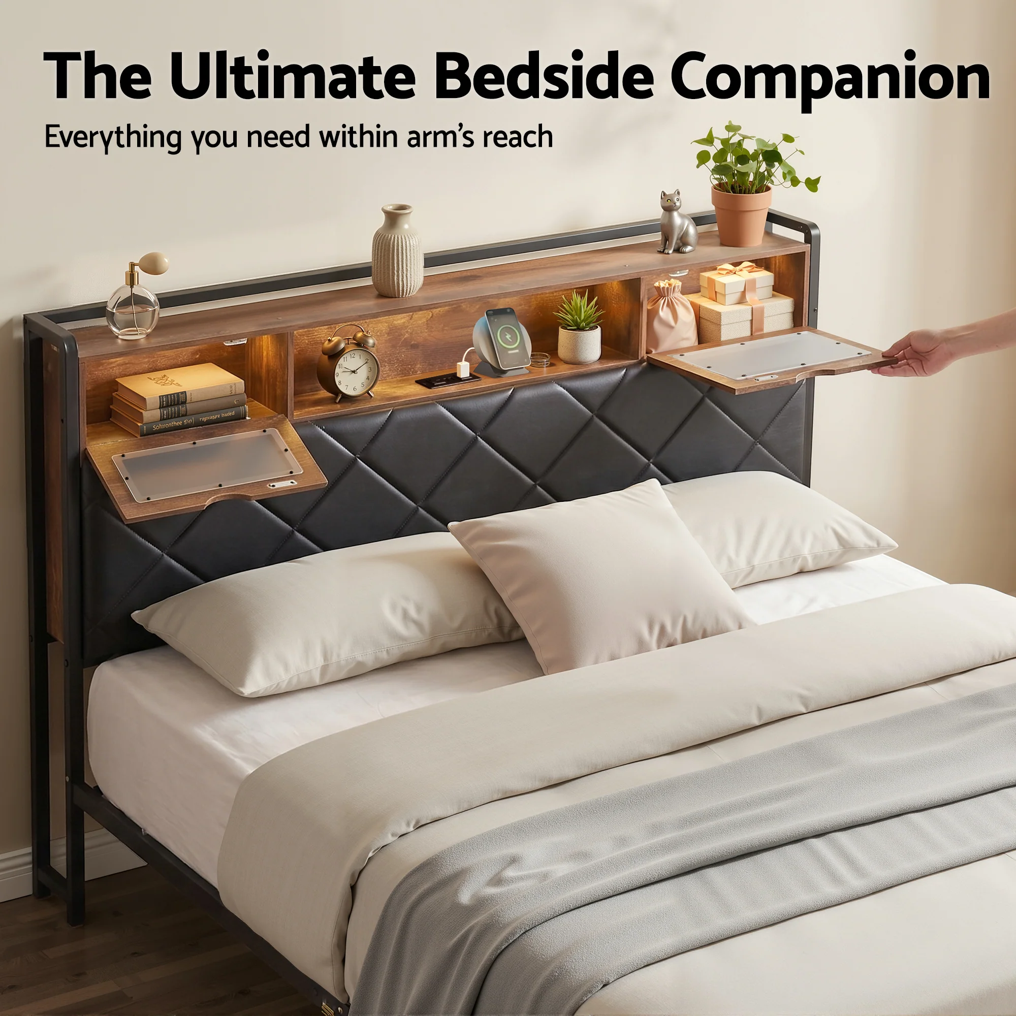 Artiss Queen Bed Frame with LED Lights and Storage Headboard Charging Station - Image 7
