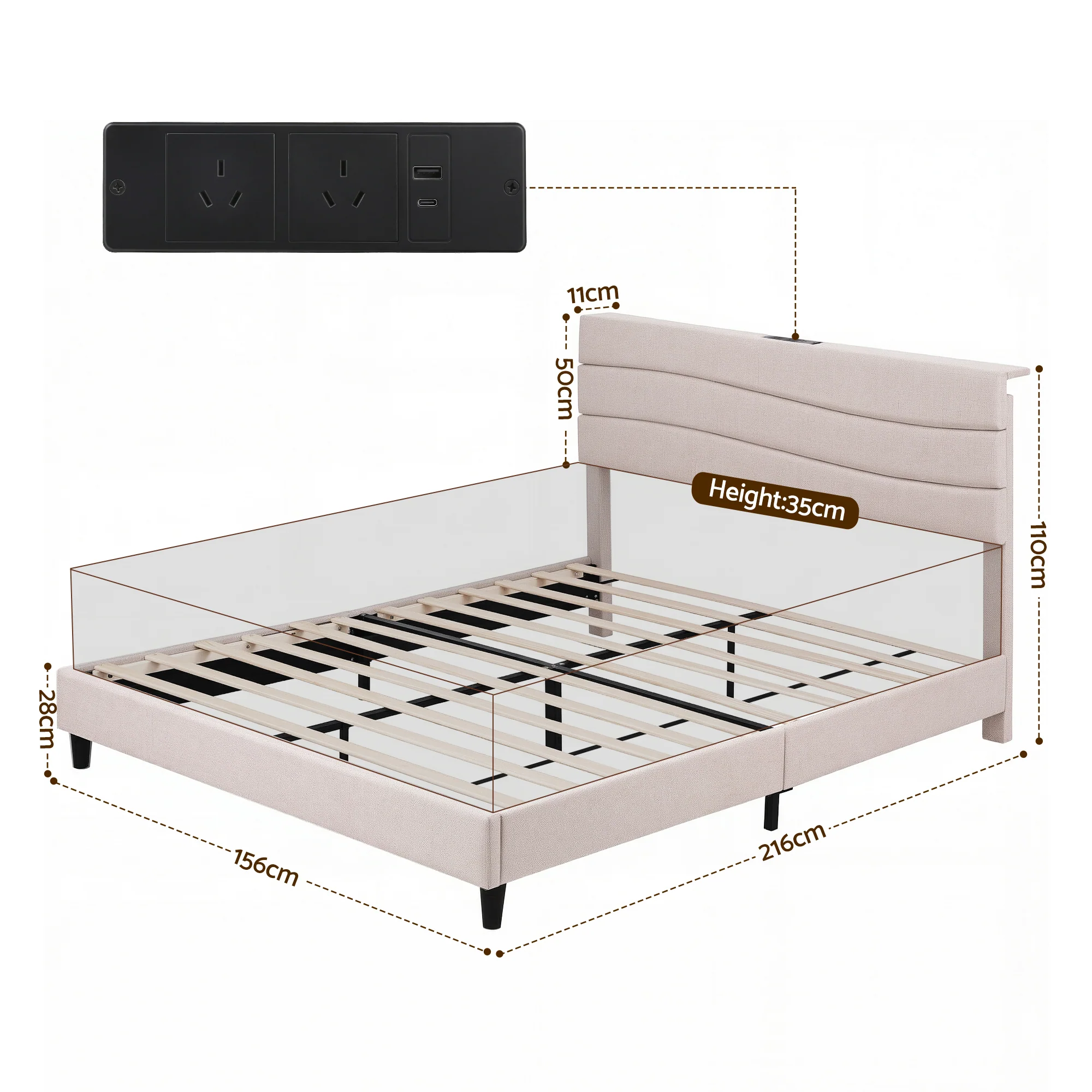 Artiss Queen Bed Frame with Storage Adjustable Headboard Platform Base Linen Fabric Charging Ports - Image 2