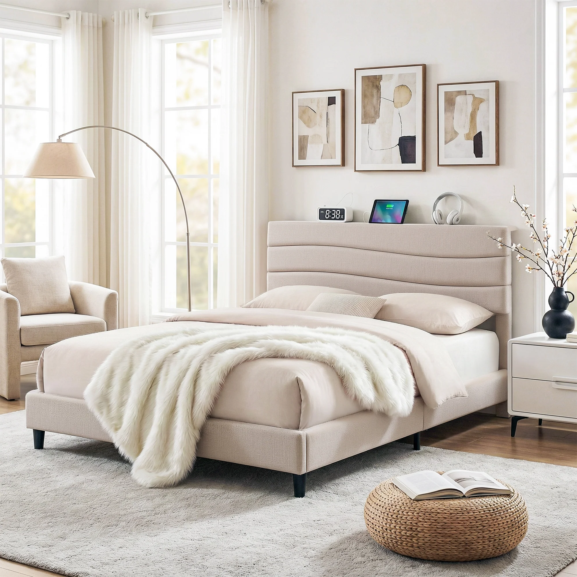 Artiss Queen Bed Frame with Storage Adjustable Headboard Platform Base Linen Fabric Charging Ports - Image 7
