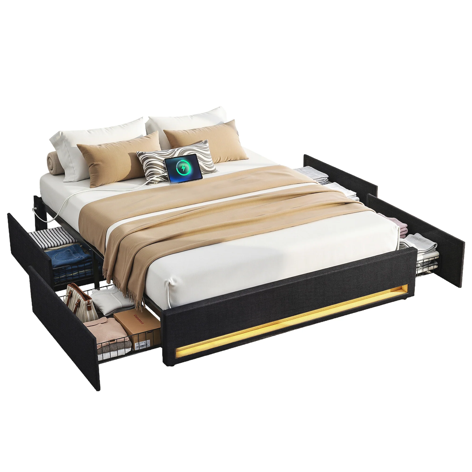 Artiss Queen Bed Frame with Storage Drawers RGB Lights Charging Station Upholstered Fabric - Image 2
