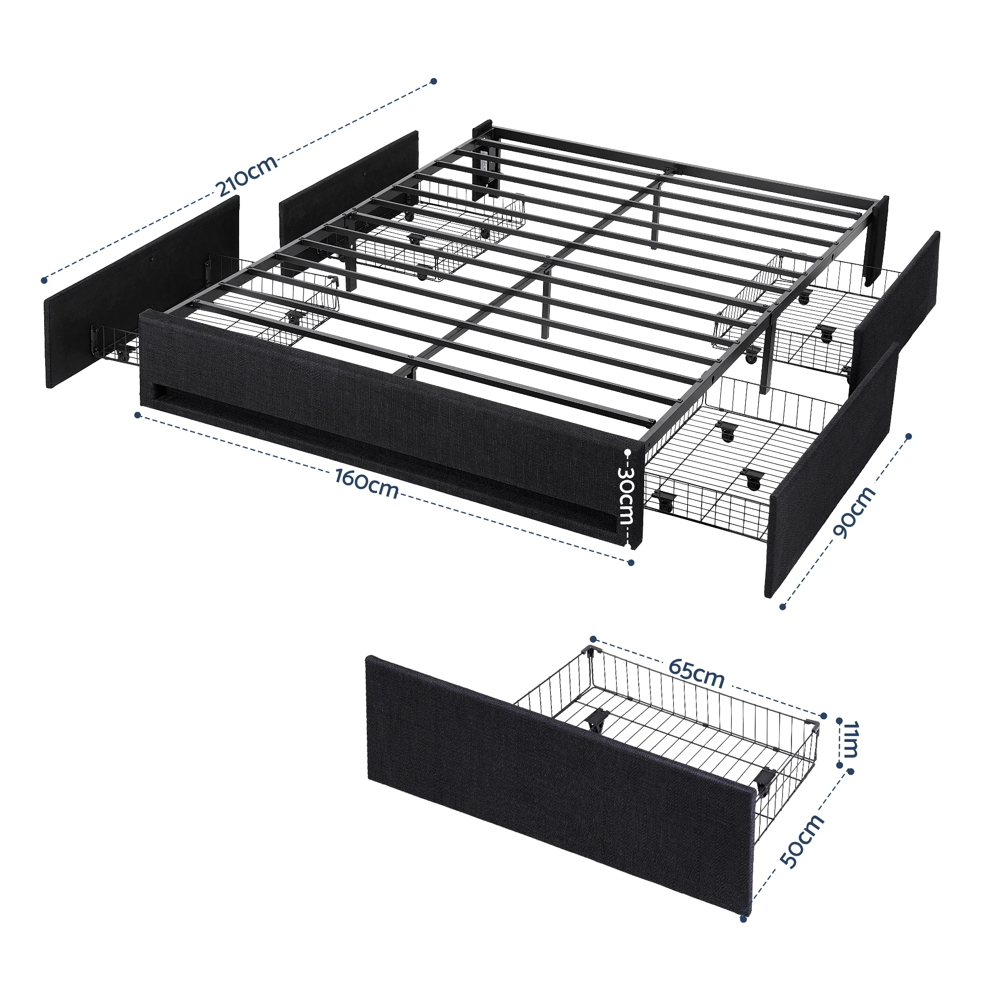 Artiss Queen Bed Frame with Storage Drawers RGB Lights Charging Station Upholstered Fabric - Image 3