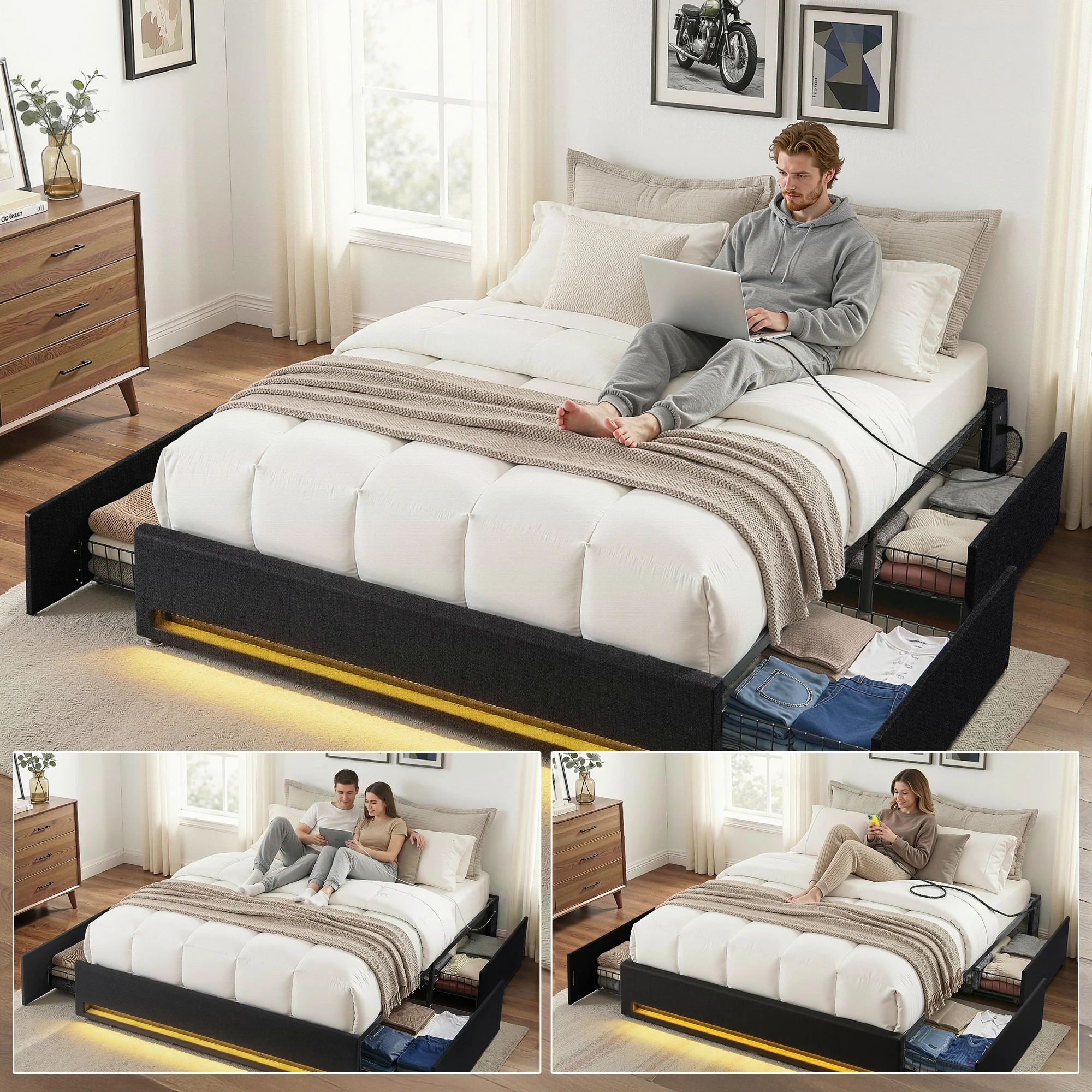Artiss Queen Bed Frame with Storage Drawers RGB Lights Charging Station Upholstered Fabric - Image 5